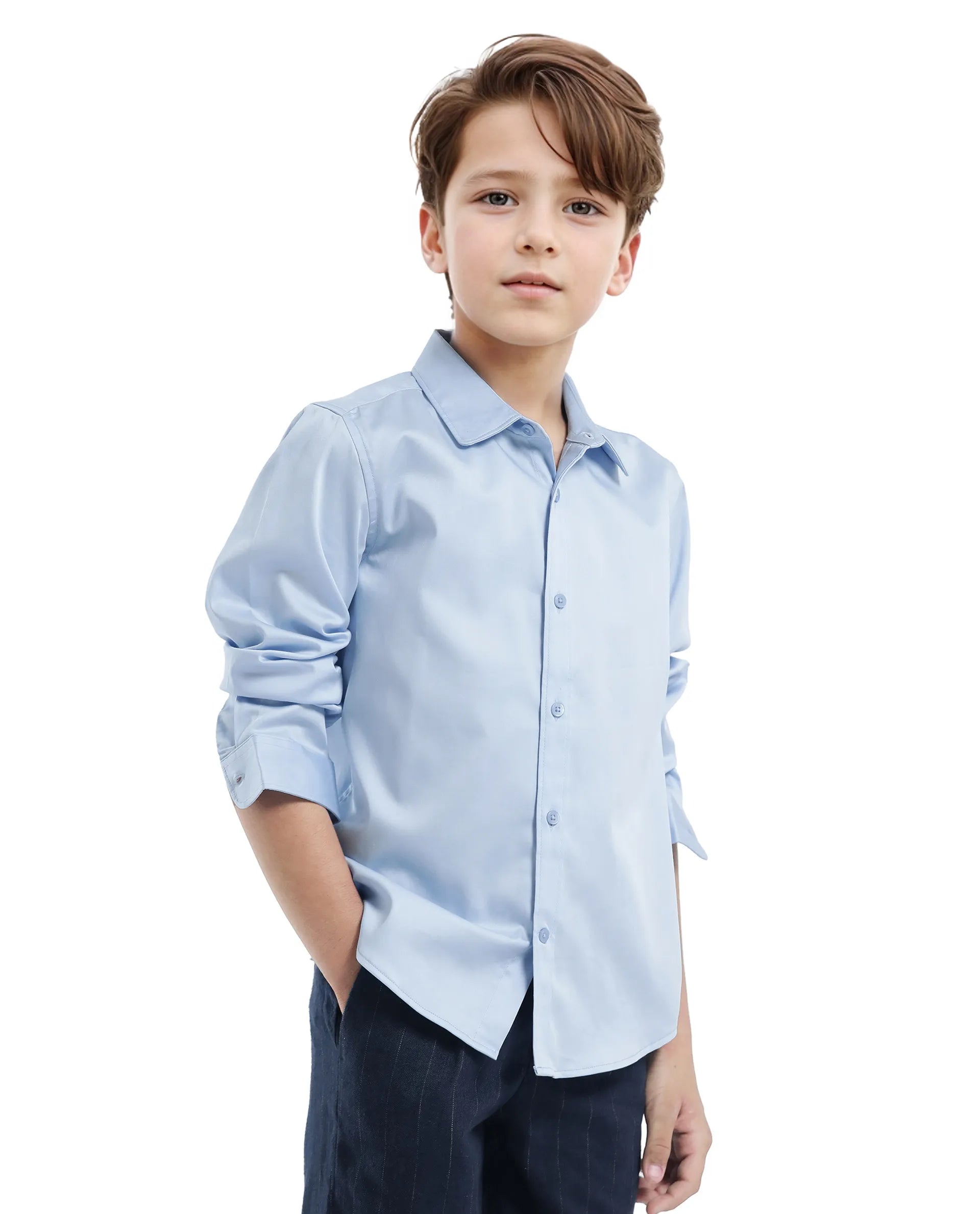 Rare Ones Kids Holo Light Blue Cotton Blend Full Sleeve Button Solid Regular Fit Shirt