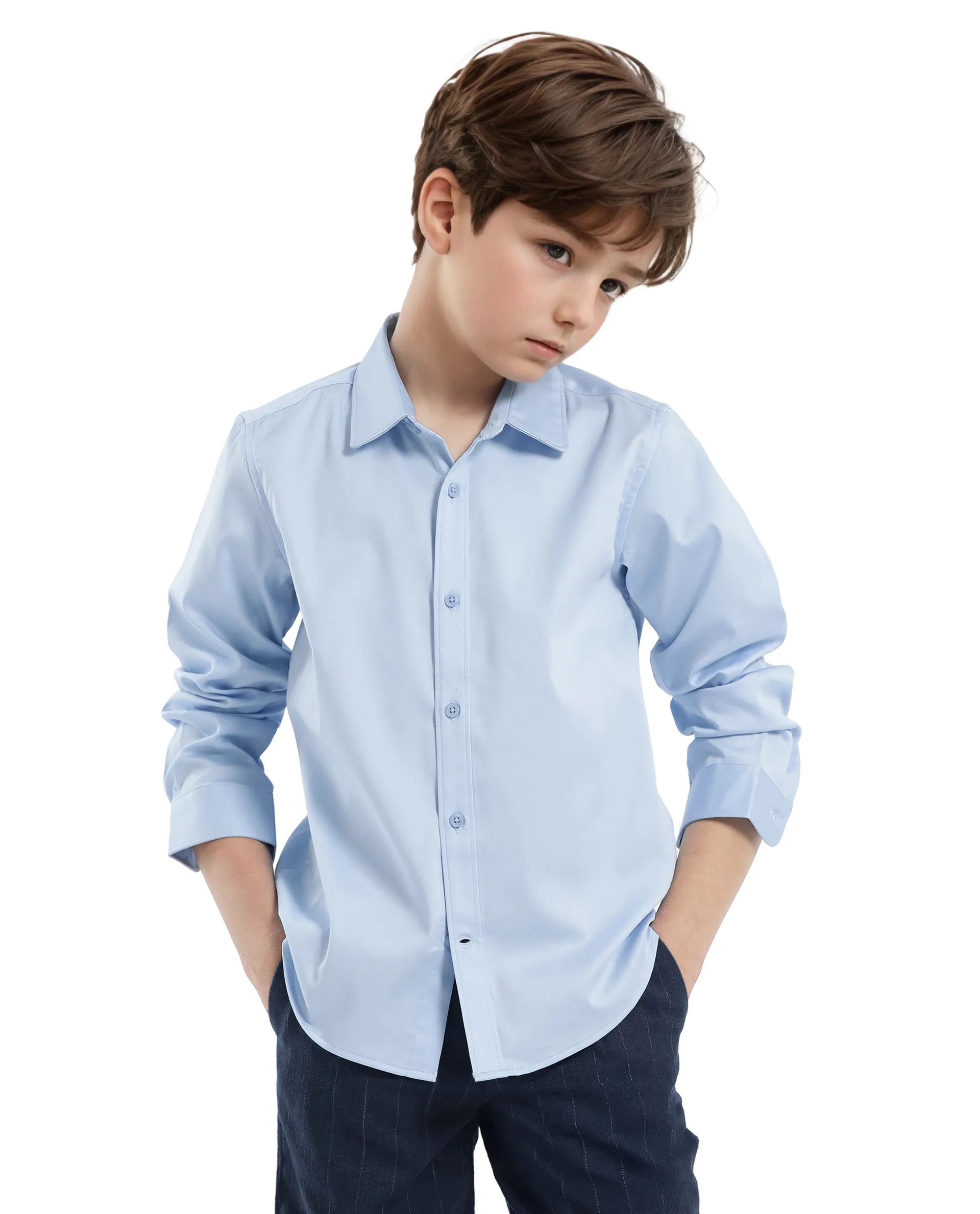Rare Ones Kids Holo Light Blue Cotton Blend Full Sleeve Button Solid Regular Fit Shirt