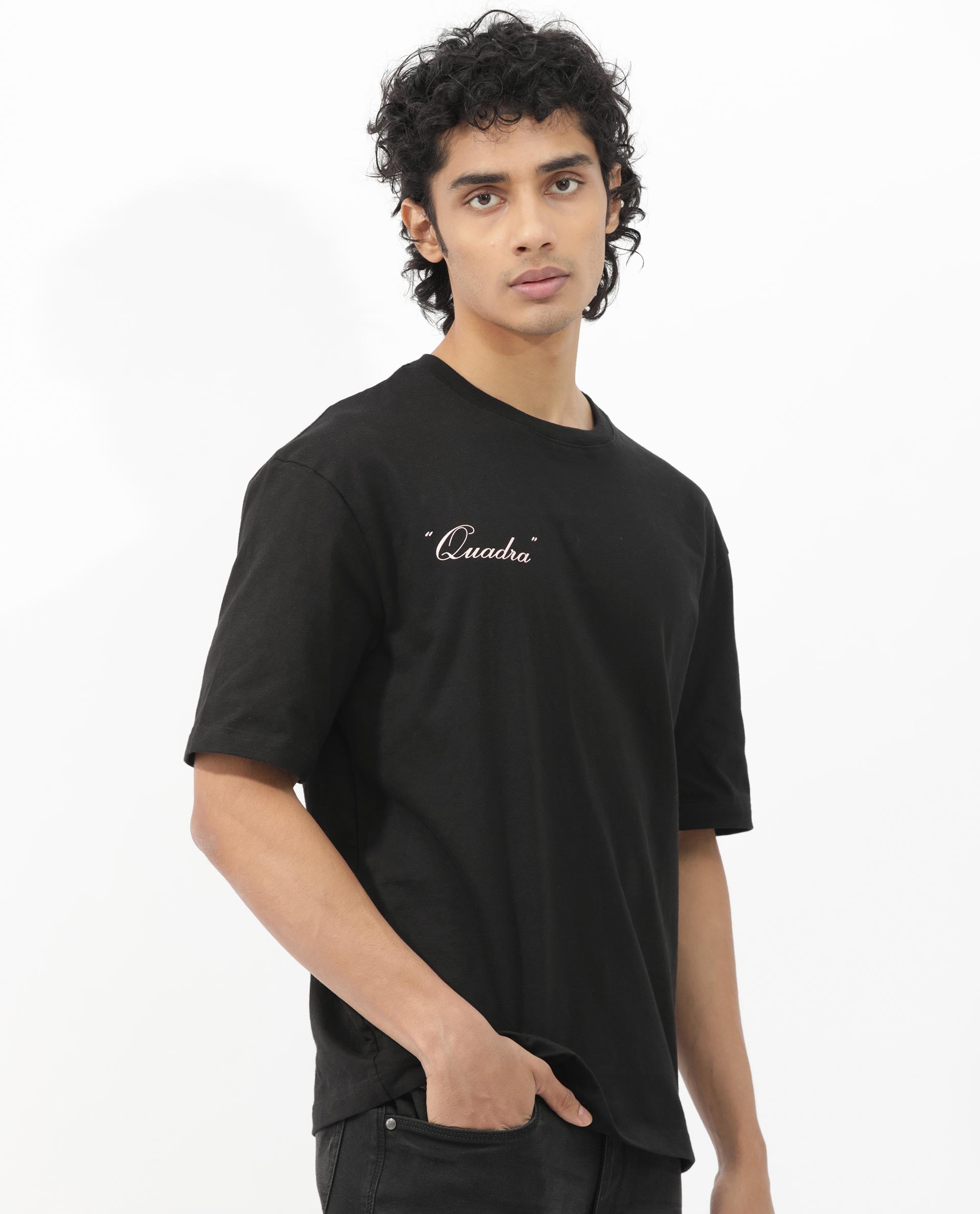 Rare Rabbit Articale Men's Holt Black Cotton Polyester Fabric Crew Neck Oversized Fit Graphic Print T-Shirt