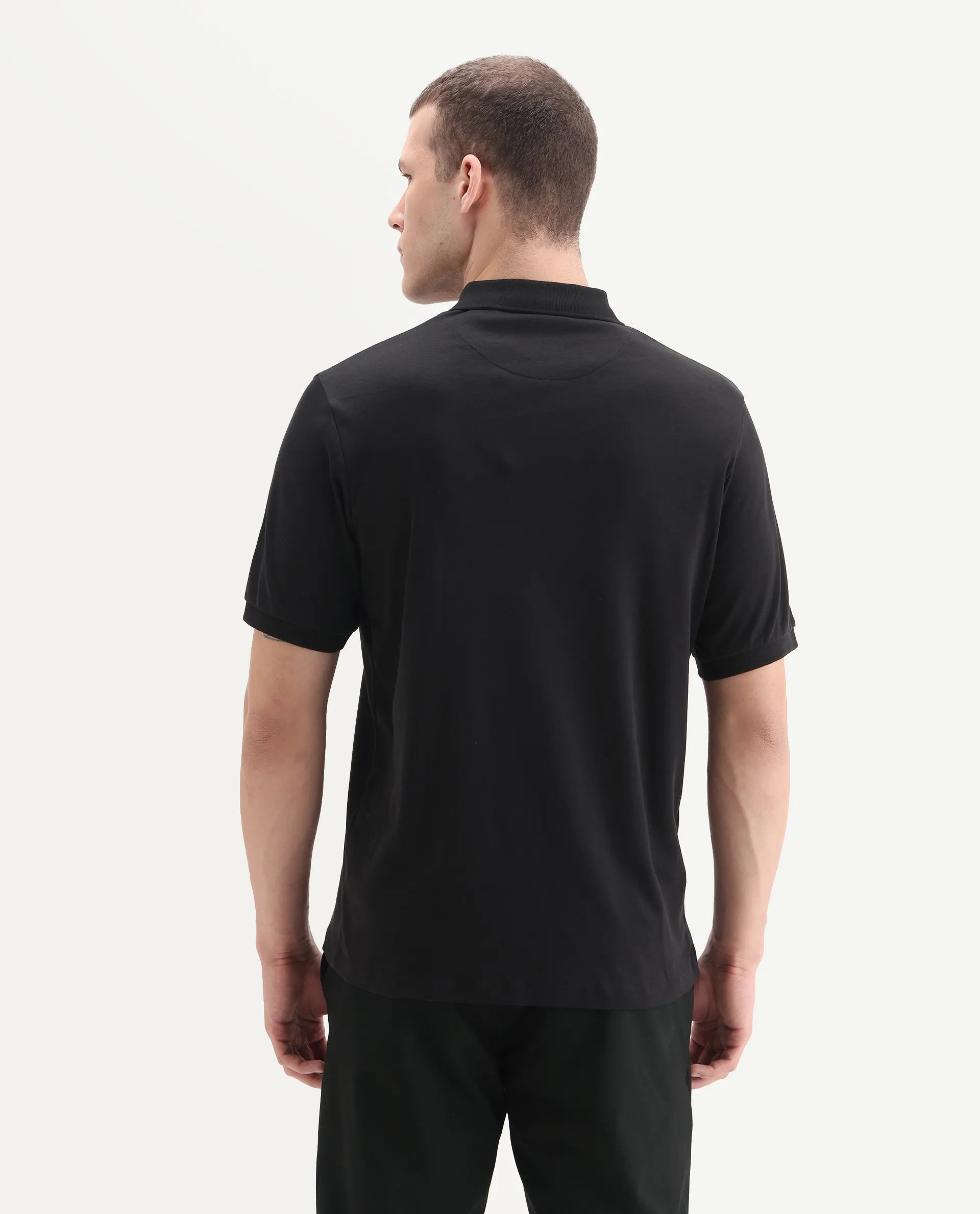 Rare Rabbit Men's Holit-1 Black Cotton Plain Regular Fit Half Sleeve Polo
