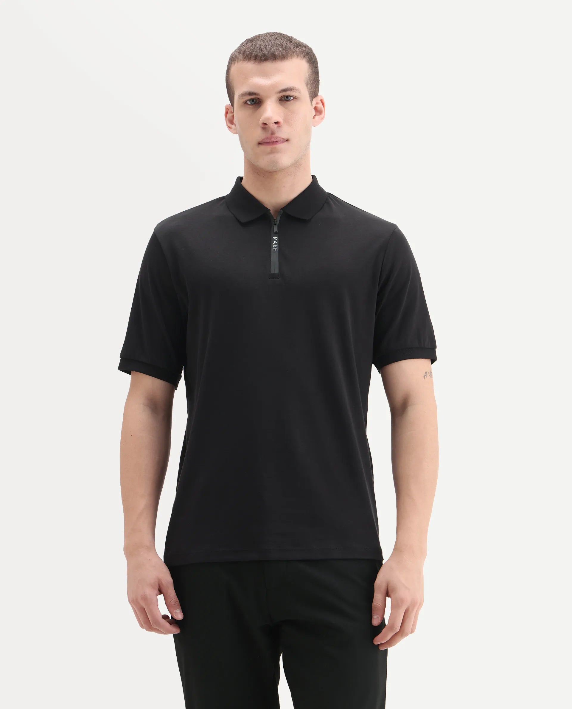 Rare Rabbit Men's Holit-1 Black Cotton Plain Regular Fit Half Sleeve Polo