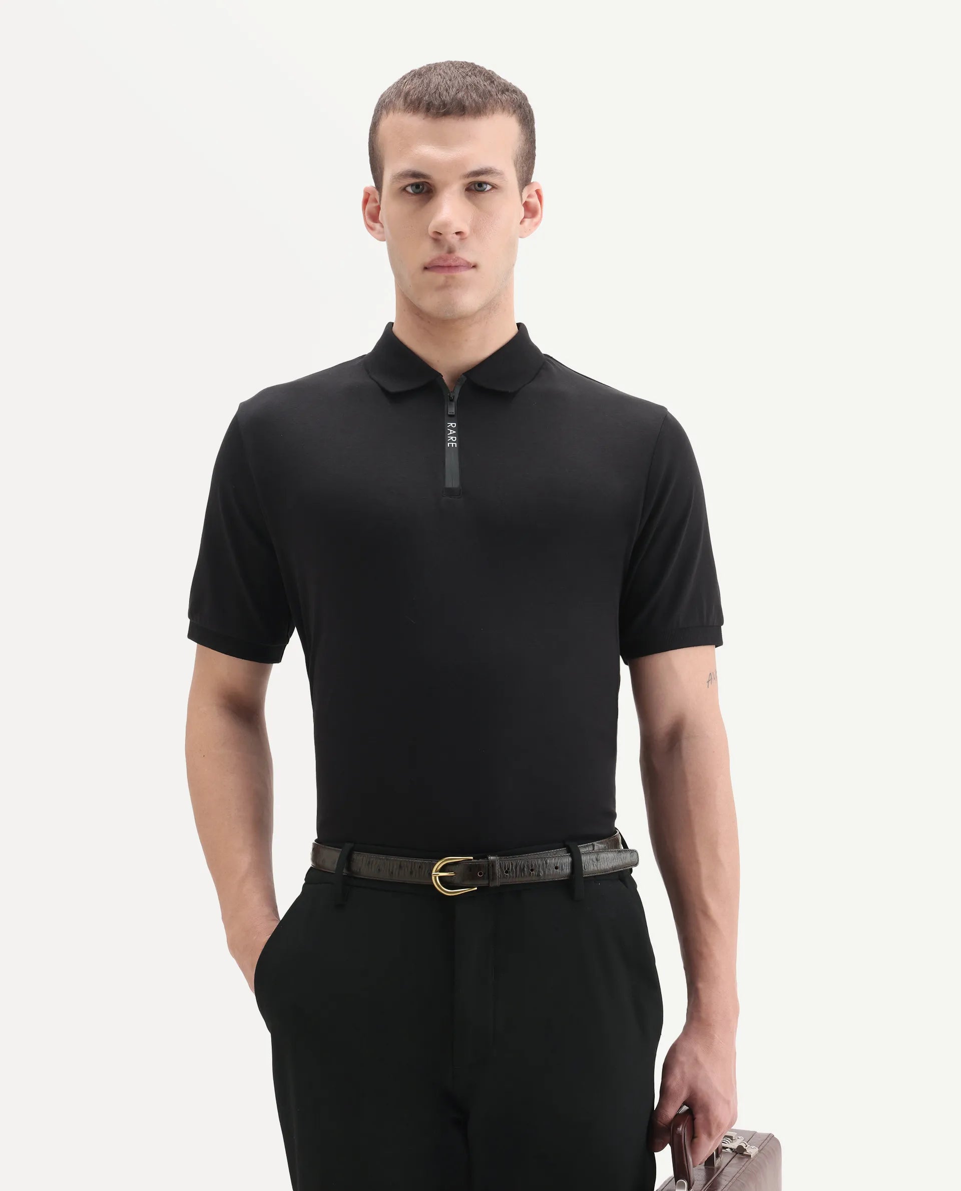 Rare Rabbit Men's Holit-1 Black Cotton Plain Regular Fit Half Sleeve Polo