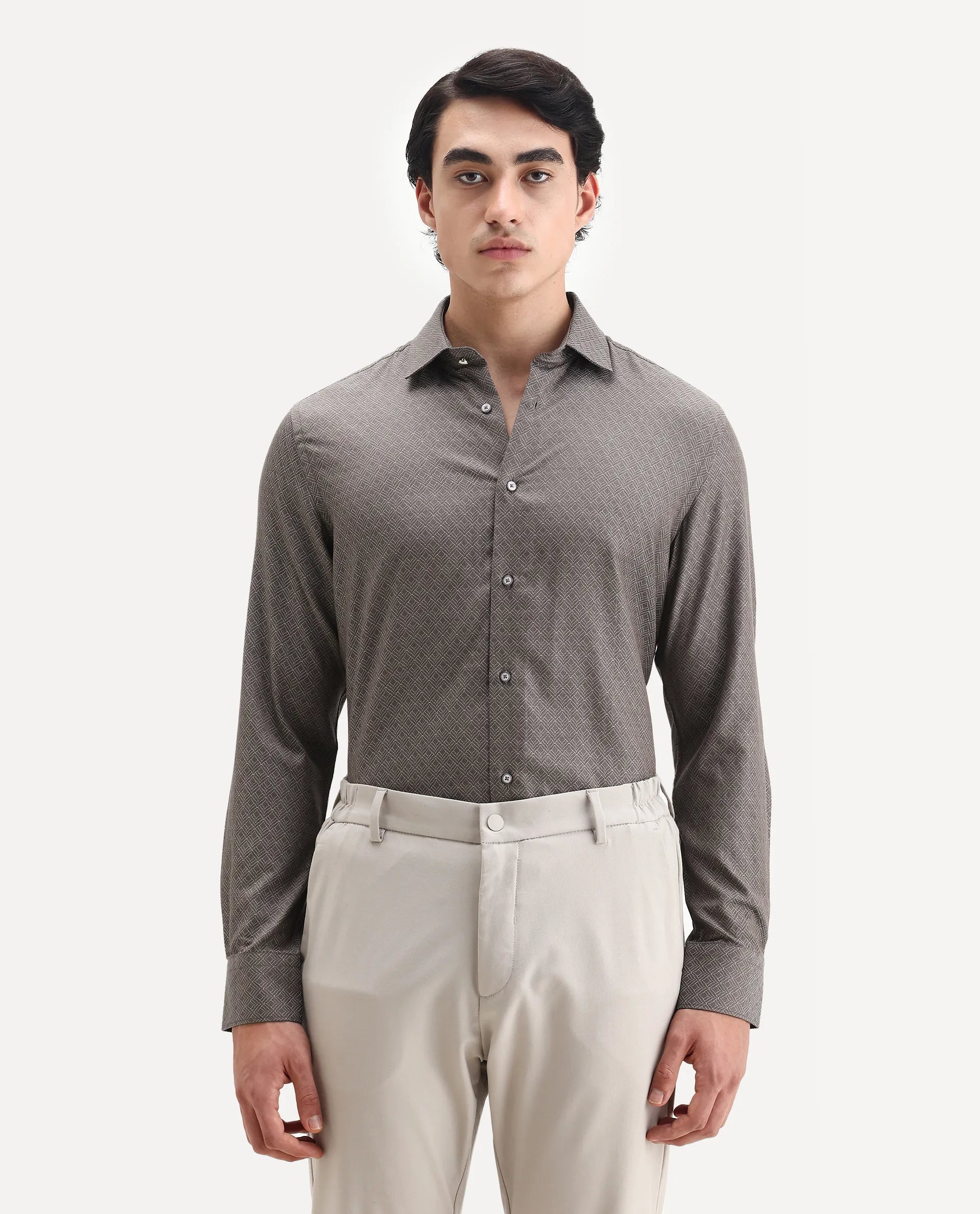 Rare Rabbit Men's Homa Brown Cotton Jacquard Regular Fit Full Sleeve Collared Shirt