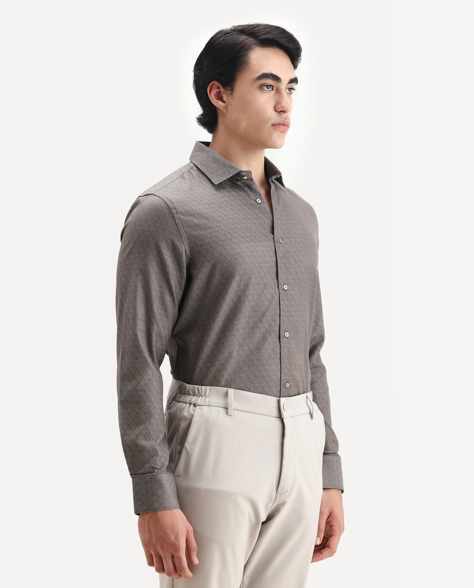 Rare Rabbit Men's Homa Brown Cotton Jacquard Regular Fit Full Sleeve Collared Shirt