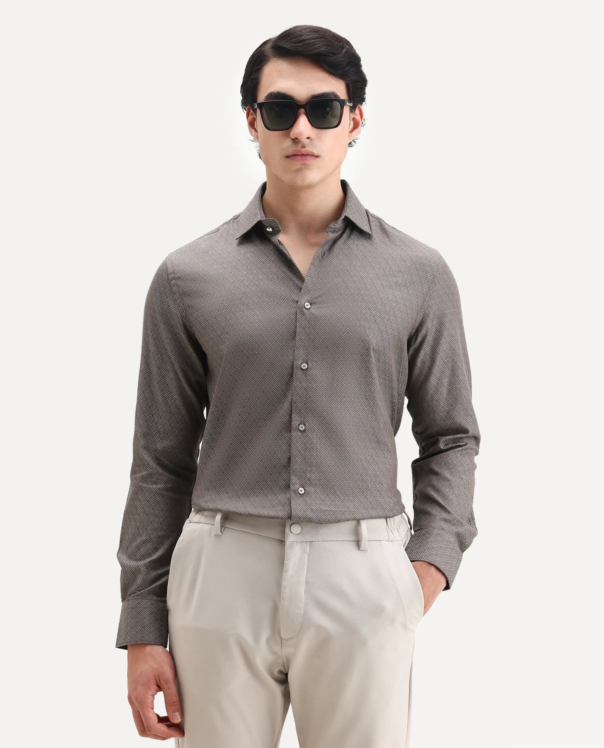 Rare Rabbit Men's Homa Brown Cotton Jacquard Regular Fit Full Sleeve Collared Shirt