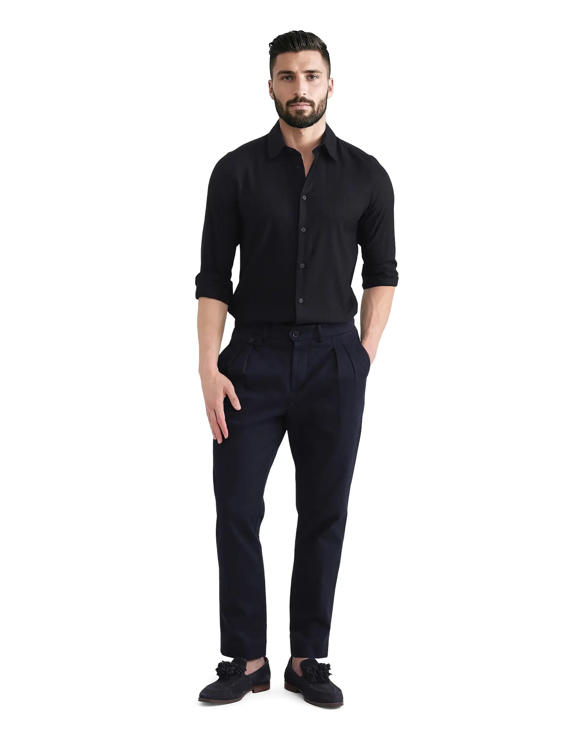 Rare Rabbit Men's Hon Black Cotton Fabric Full Sleeve Regular Collared