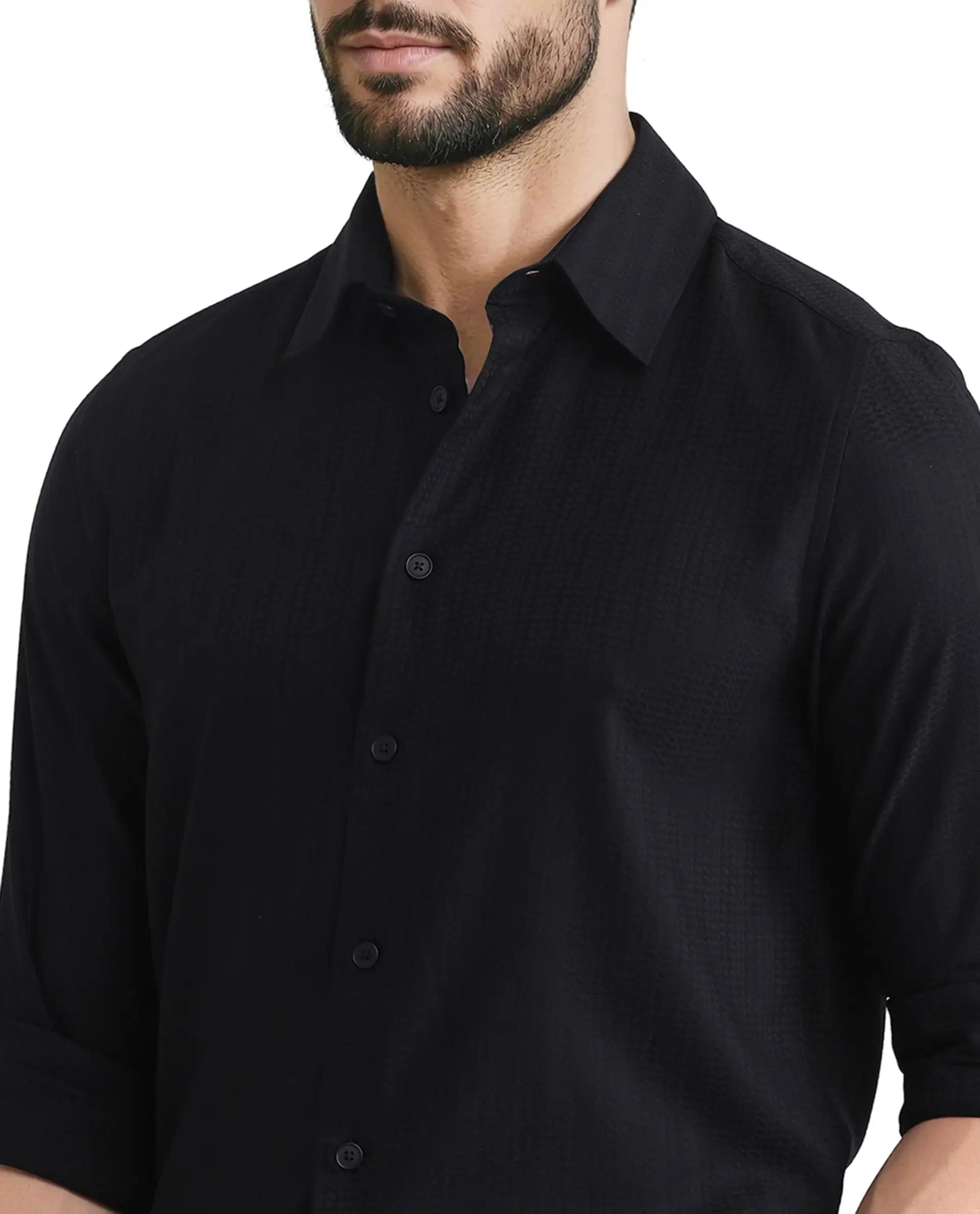 Rare Rabbit Men's Hon Black Cotton Fabric Full Sleeve Regular Collared