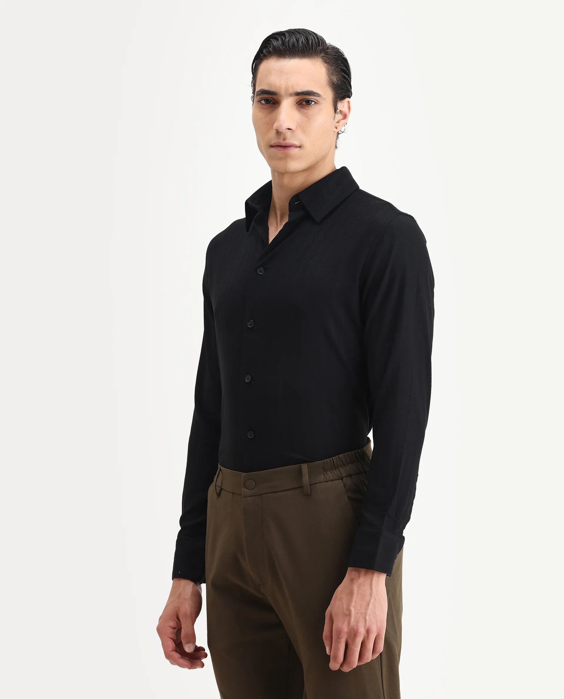 Rare Rabbit Men's Hon Black Cotton Dobby Print Regular Fit Full Sleeve Collared Shirt