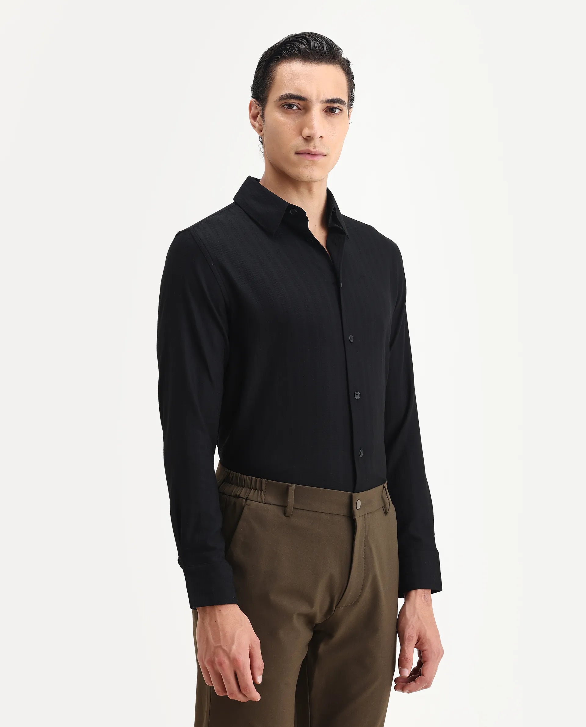 Rare Rabbit Men's Hon Black Cotton Dobby Print Regular Fit Full Sleeve Collared Shirt