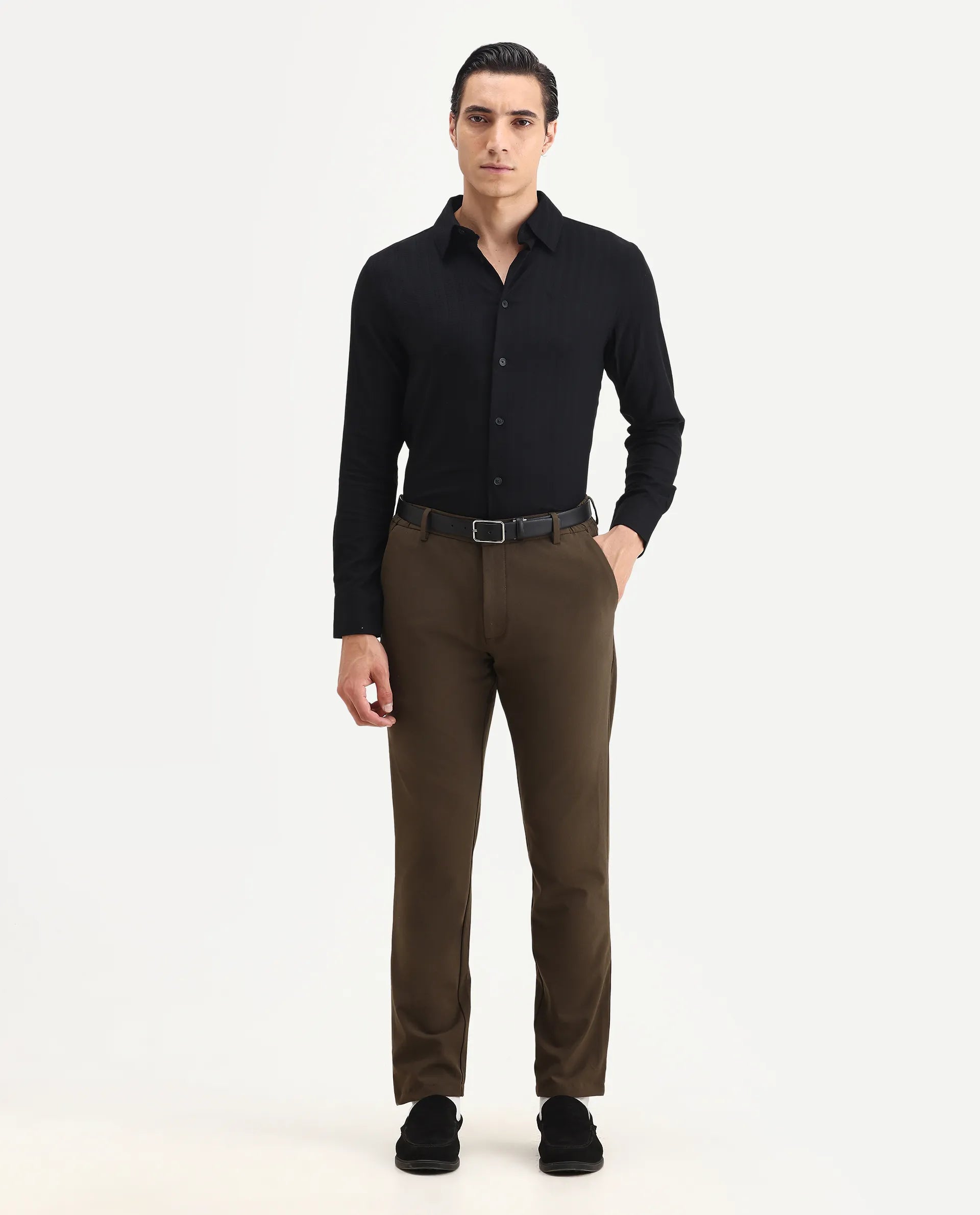 Rare Rabbit Men's Hon Black Cotton Dobby Print Regular Fit Full Sleeve Collared Shirt