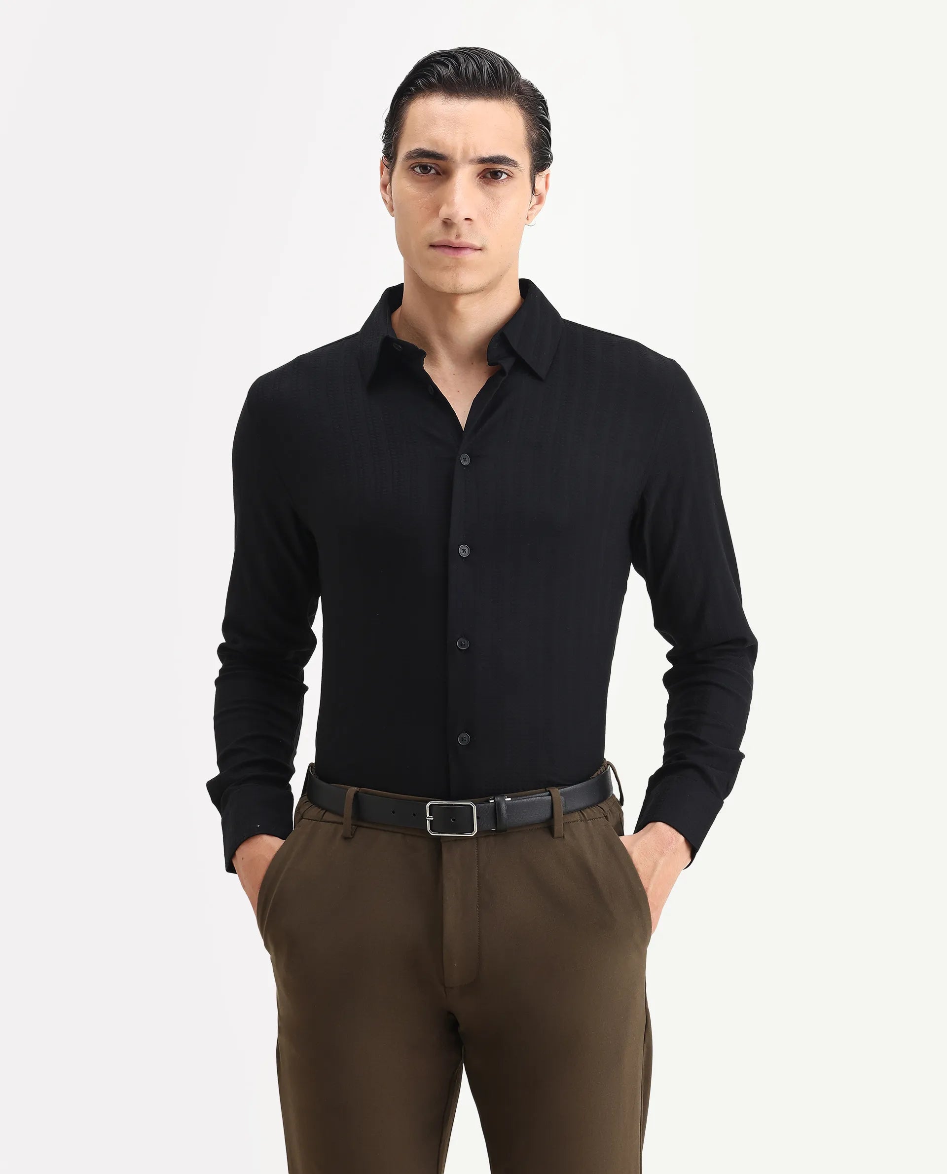 Rare Rabbit Men's Hon Black Cotton Dobby Print Regular Fit Full Sleeve Collared Shirt