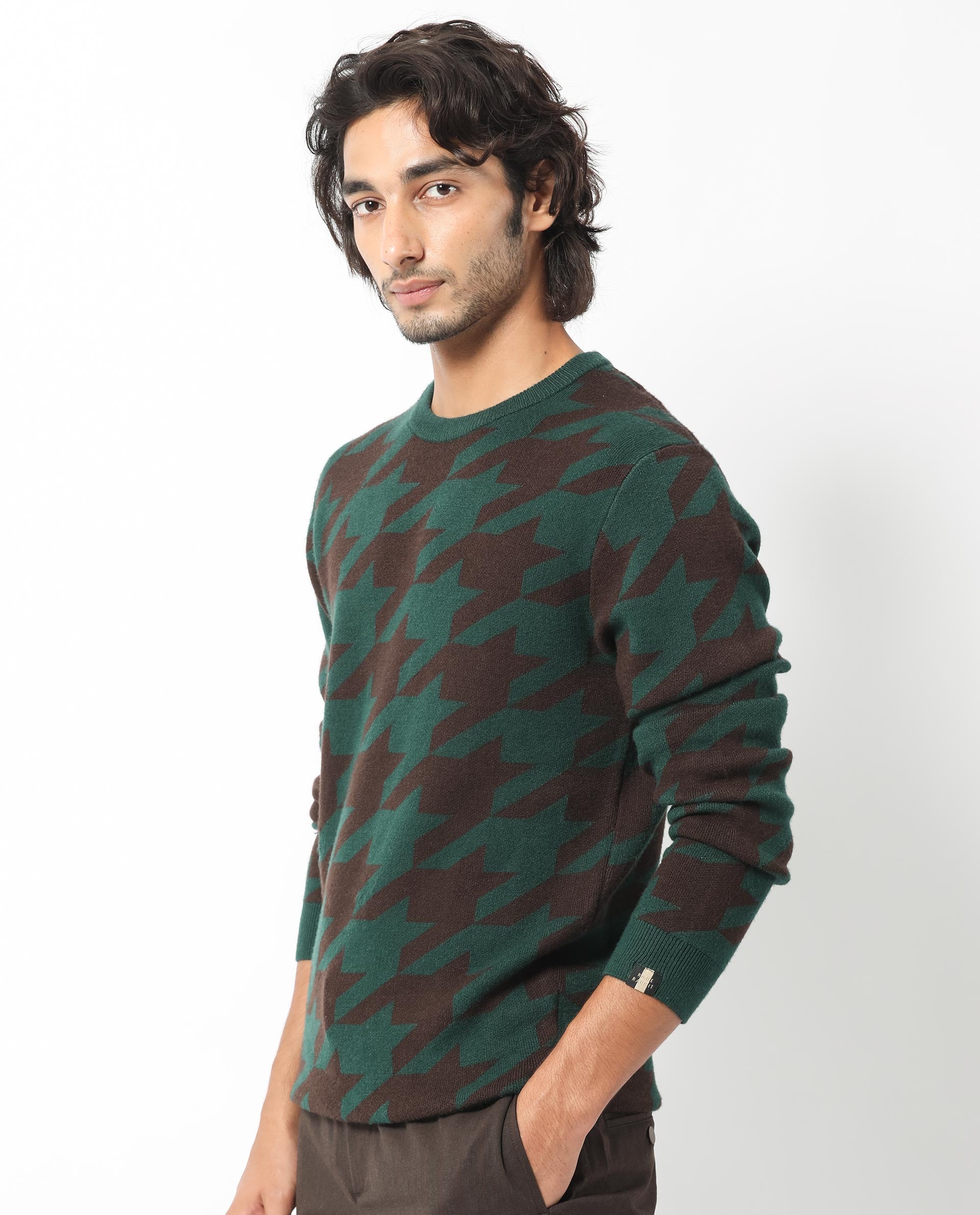Rare Rabbit Mens Honder Dark Green Viscose Polyester Fabric Crew Neck Full Sleeves Houndstooth Jacquard Texture Sweater