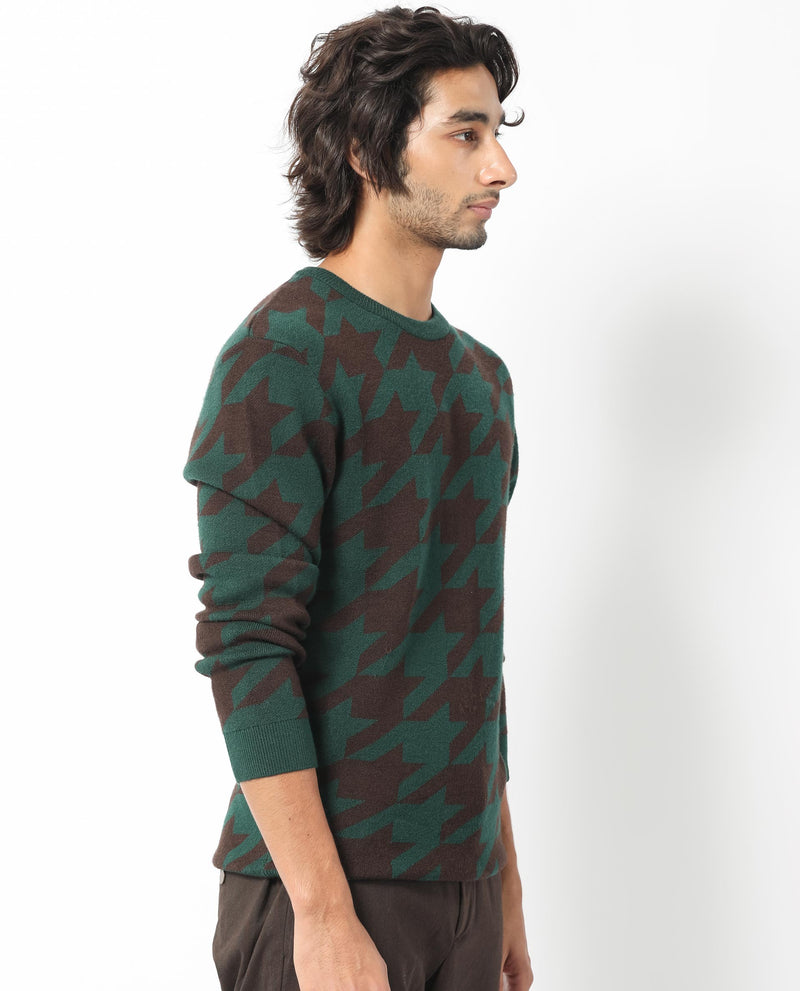 Rare Rabbit Mens Honder Dark Green Viscose Polyester Fabric Crew Neck Full Sleeves Houndstooth Jacquard Texture Sweater