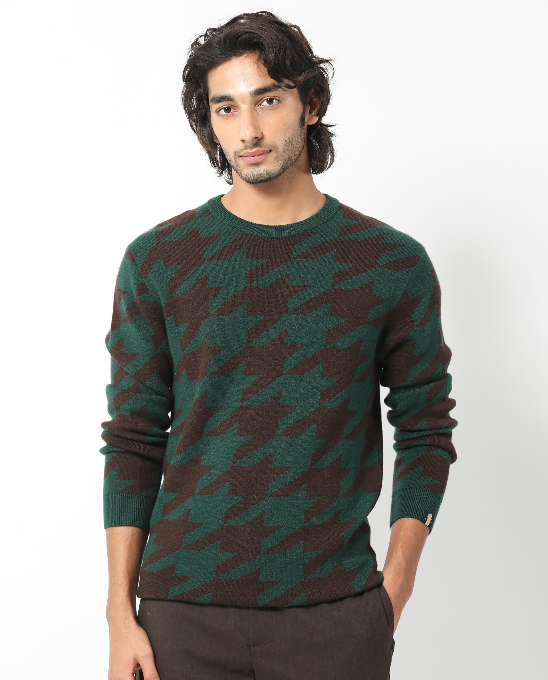 Rare Rabbit Mens Honder Dark Green Viscose Polyester Fabric Crew Neck Full Sleeves Houndstooth Jacquard Texture Sweater