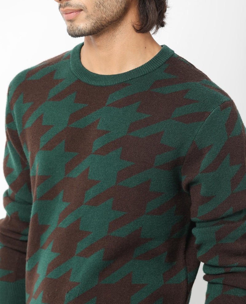 Rare Rabbit Mens Honder Dark Green Viscose Polyester Fabric Crew Neck Full Sleeves Houndstooth Jacquard Texture Sweater