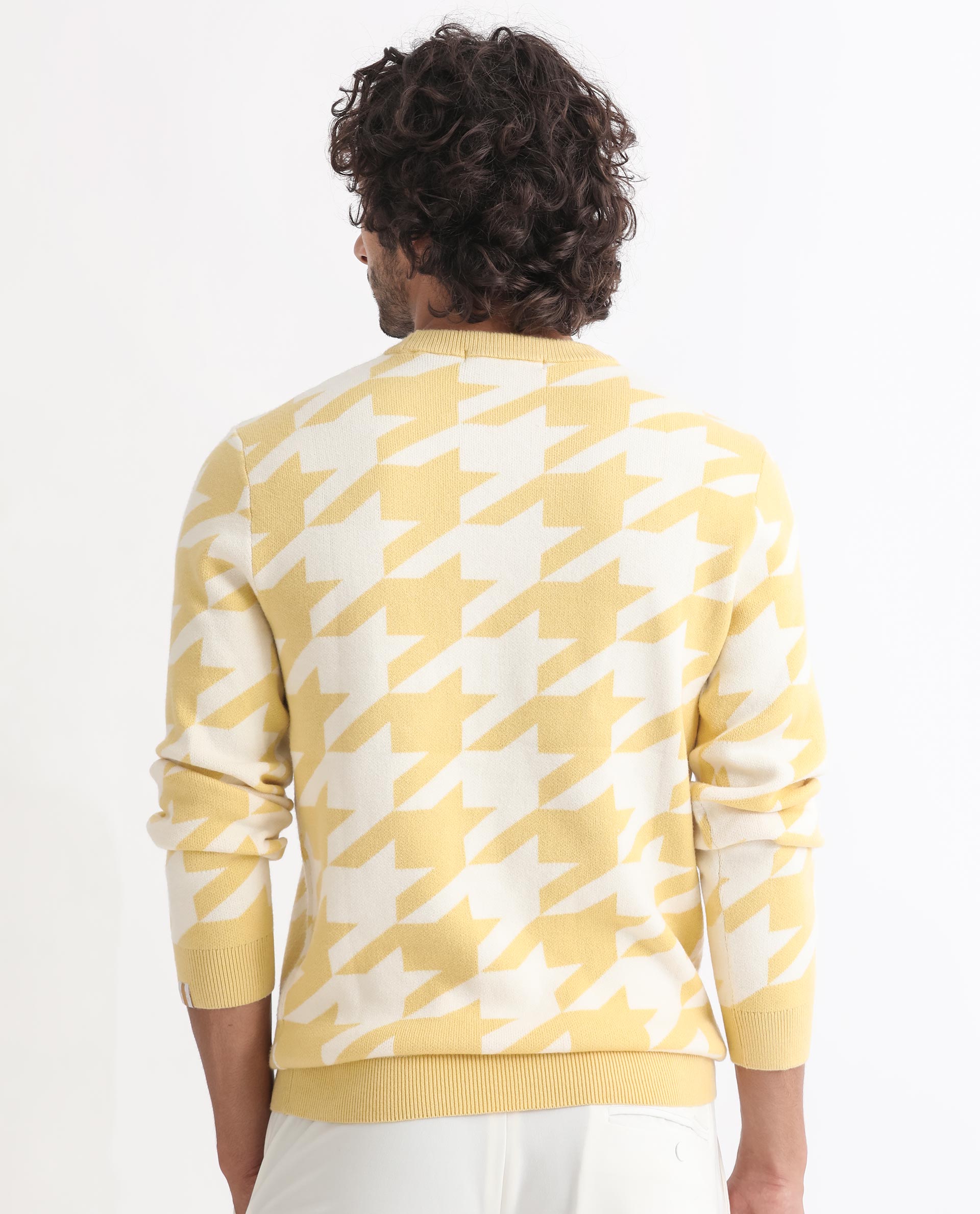 Rare Rabbit Mens Honder Yellow Viscose Polyester Fabric Crew Neck Full Sleeves Houndstooth Jacquard Texture Sweater