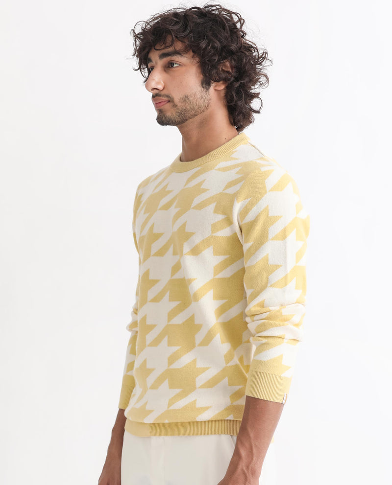 Rare Rabbit Mens Honder Yellow Viscose Polyester Fabric Crew Neck Full Sleeves Houndstooth Jacquard Texture Sweater