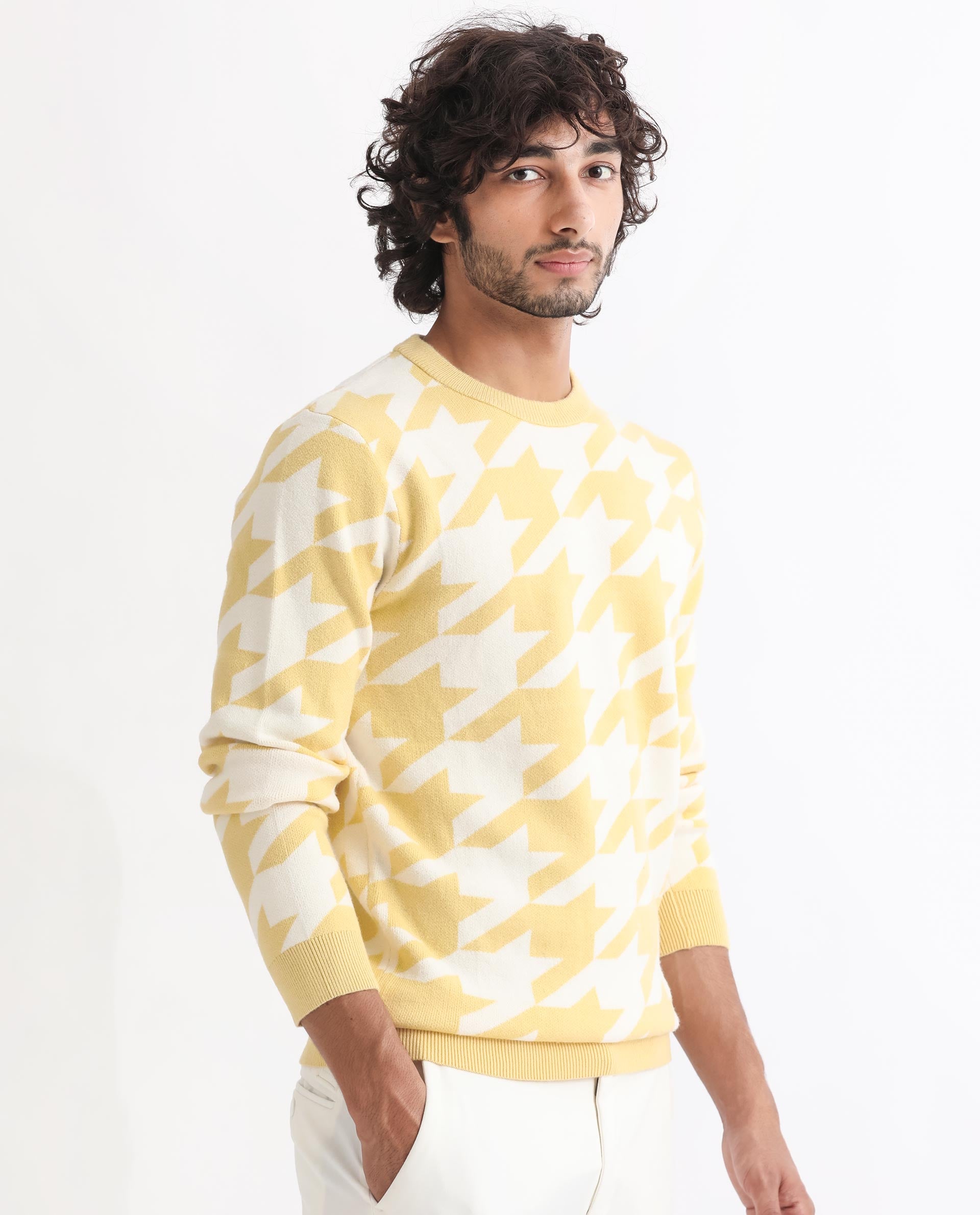 Rare Rabbit Mens Honder Yellow Viscose Polyester Fabric Crew Neck Full Sleeves Houndstooth Jacquard Texture Sweater