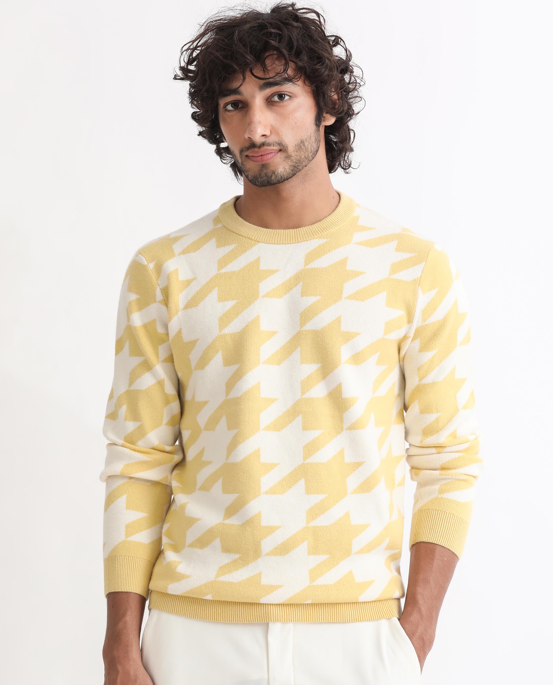 Rare Rabbit Mens Honder Yellow Viscose Polyester Fabric Crew Neck Full Sleeves Houndstooth Jacquard Texture Sweater