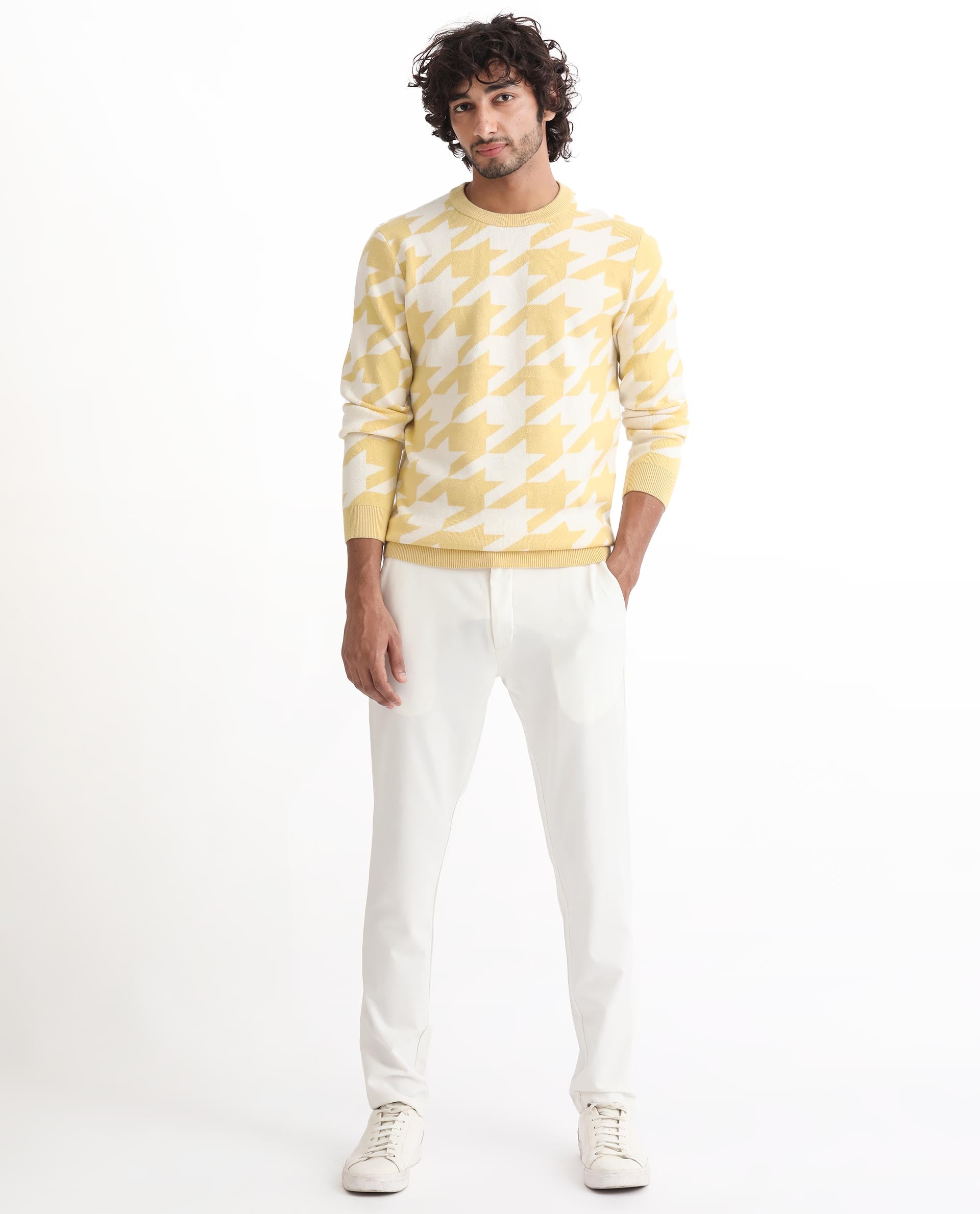 Rare Rabbit Mens Honder Yellow Viscose Polyester Fabric Crew Neck Full Sleeves Houndstooth Jacquard Texture Sweater