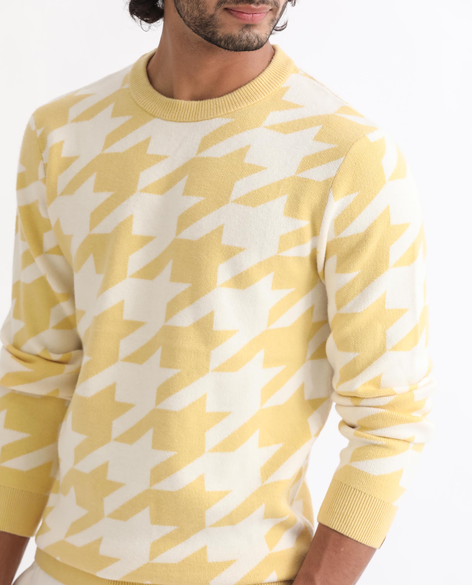 Rare Rabbit Mens Honder Yellow Viscose Polyester Fabric Crew Neck Full Sleeves Houndstooth Jacquard Texture Sweater