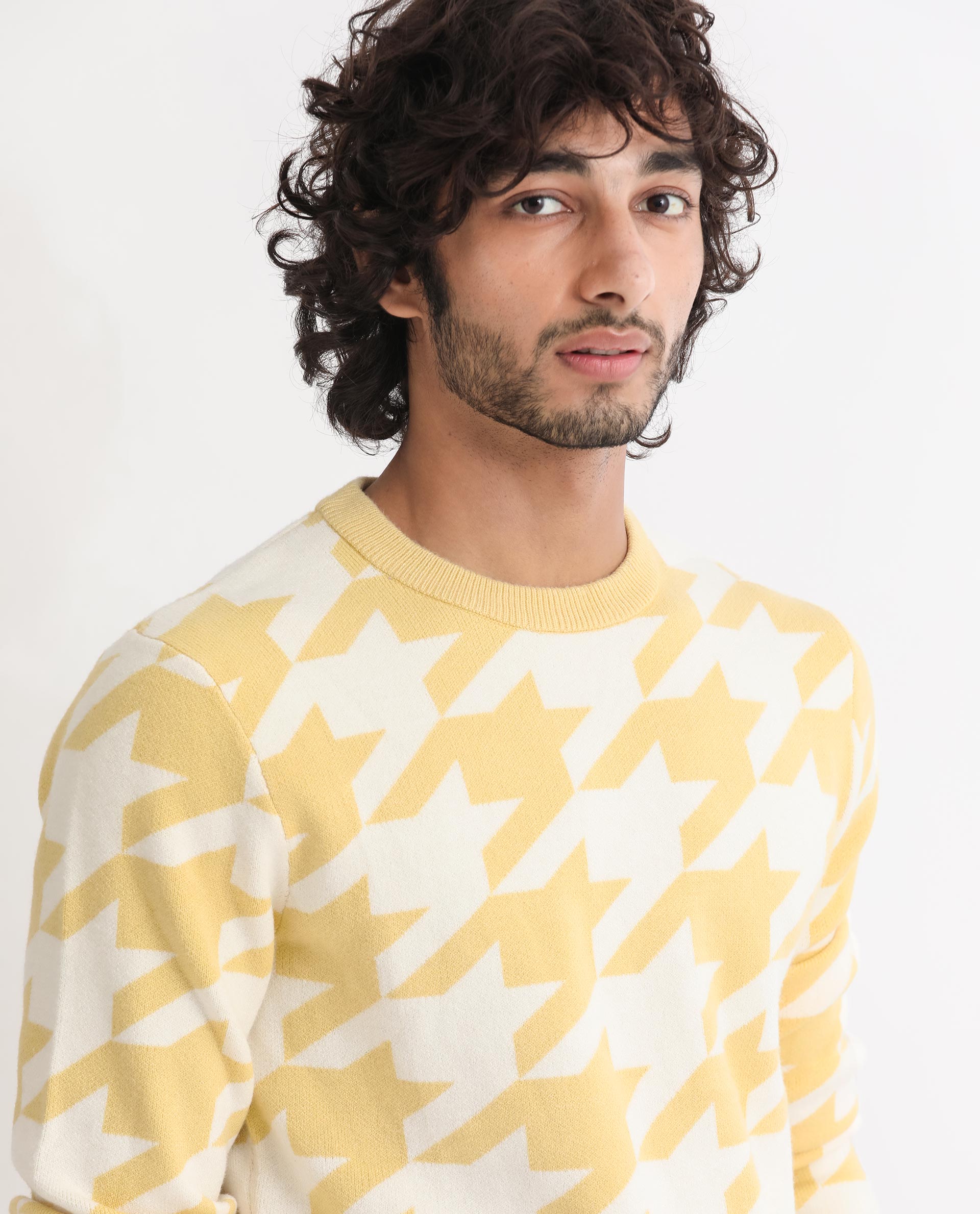 Rare Rabbit Mens Honder Yellow Viscose Polyester Fabric Crew Neck Full Sleeves Houndstooth Jacquard Texture Sweater