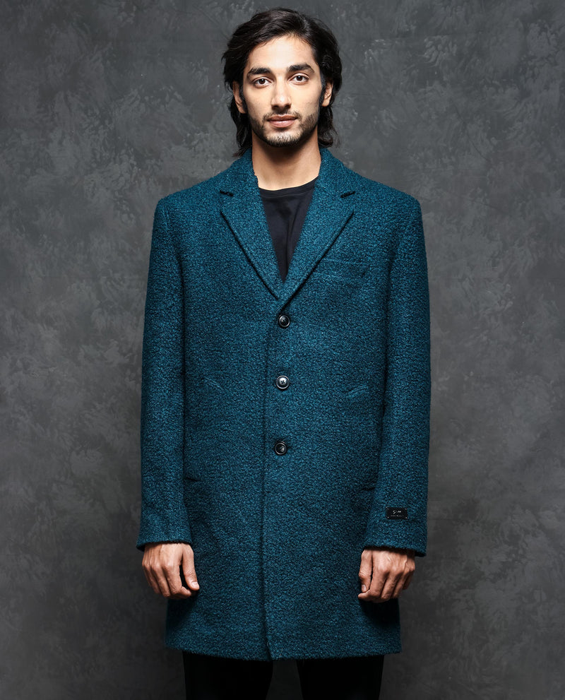 Rare Rabbit Men's Hong Green Textured Notch Lapel Long Coat