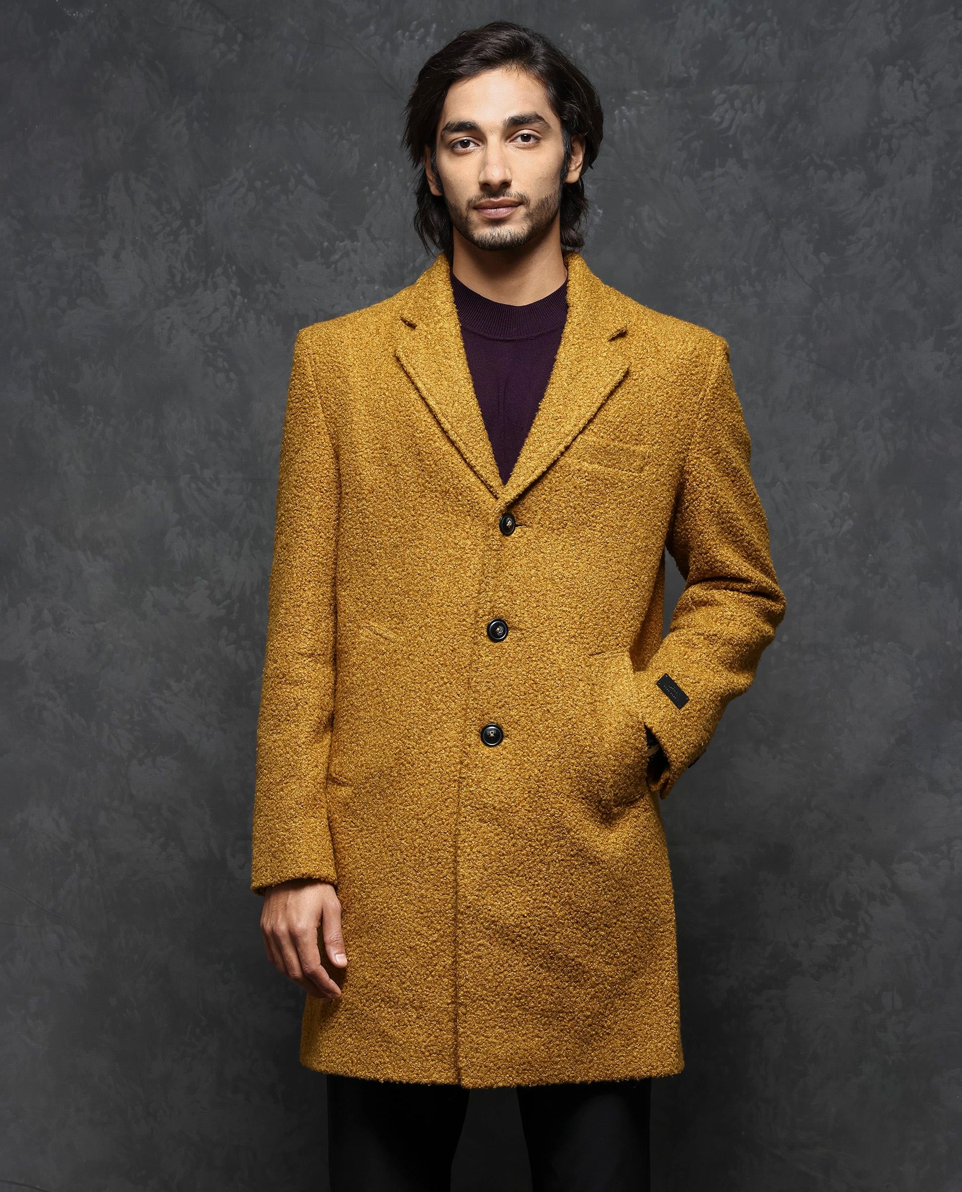 Rare Rabbit Men's Hong Yellow Polyester Textured Tailored Fit Full Sleeve Lapel Neck Jacket