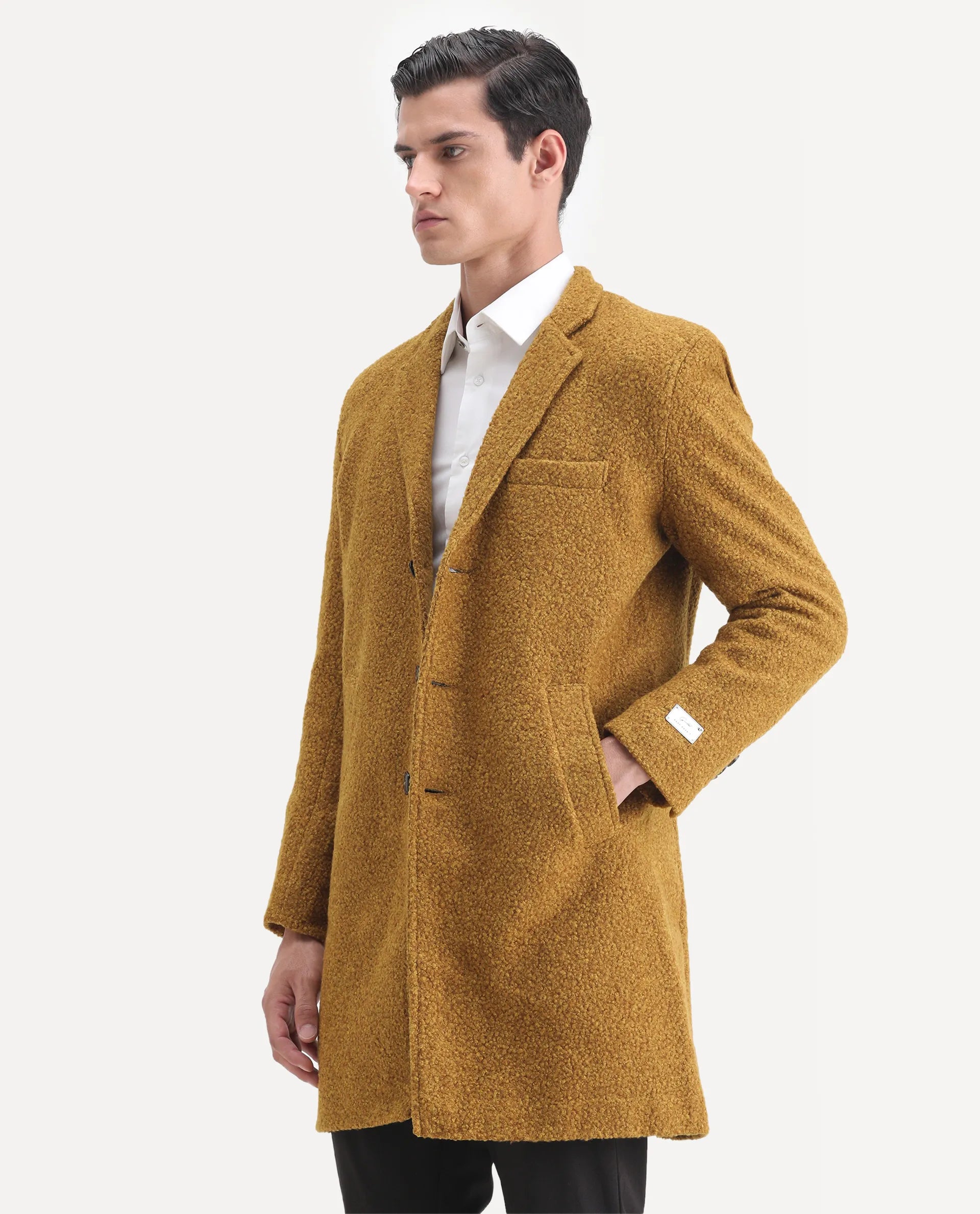 Rare Rabbit Men's Hong Yellow Polyester Textured Tailored Fit Full Sleeve Lapel Neck Jacket