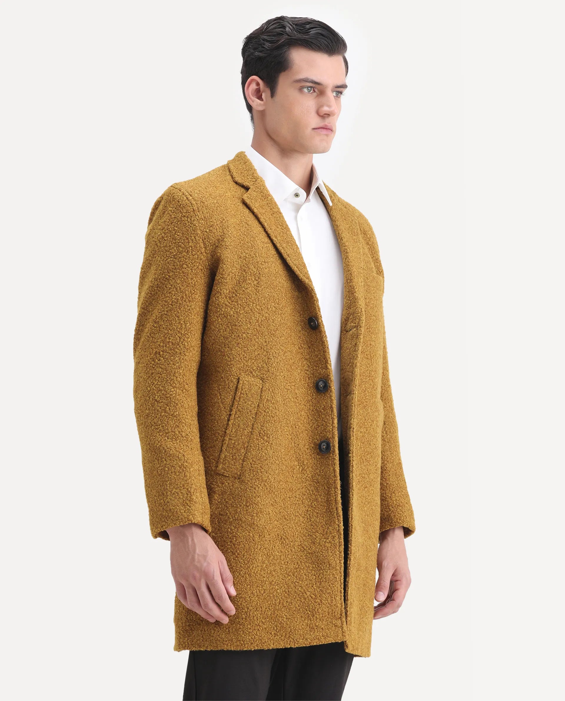 Rare Rabbit Men's Hong Yellow Polyester Textured Tailored Fit Full Sleeve Lapel Neck Jacket