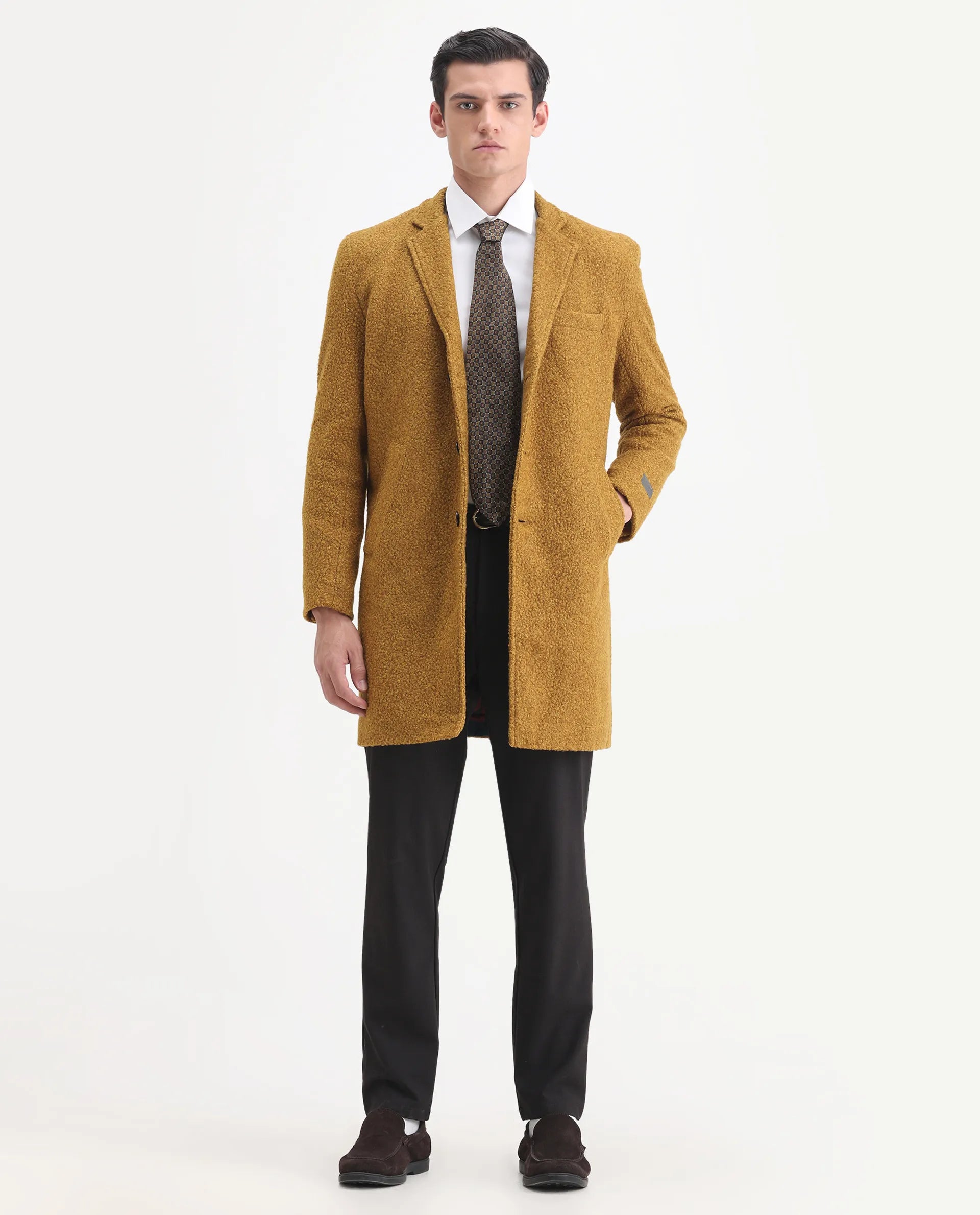 Rare Rabbit Men's Hong Yellow Polyester Textured Tailored Fit Full Sleeve Lapel Neck Jacket