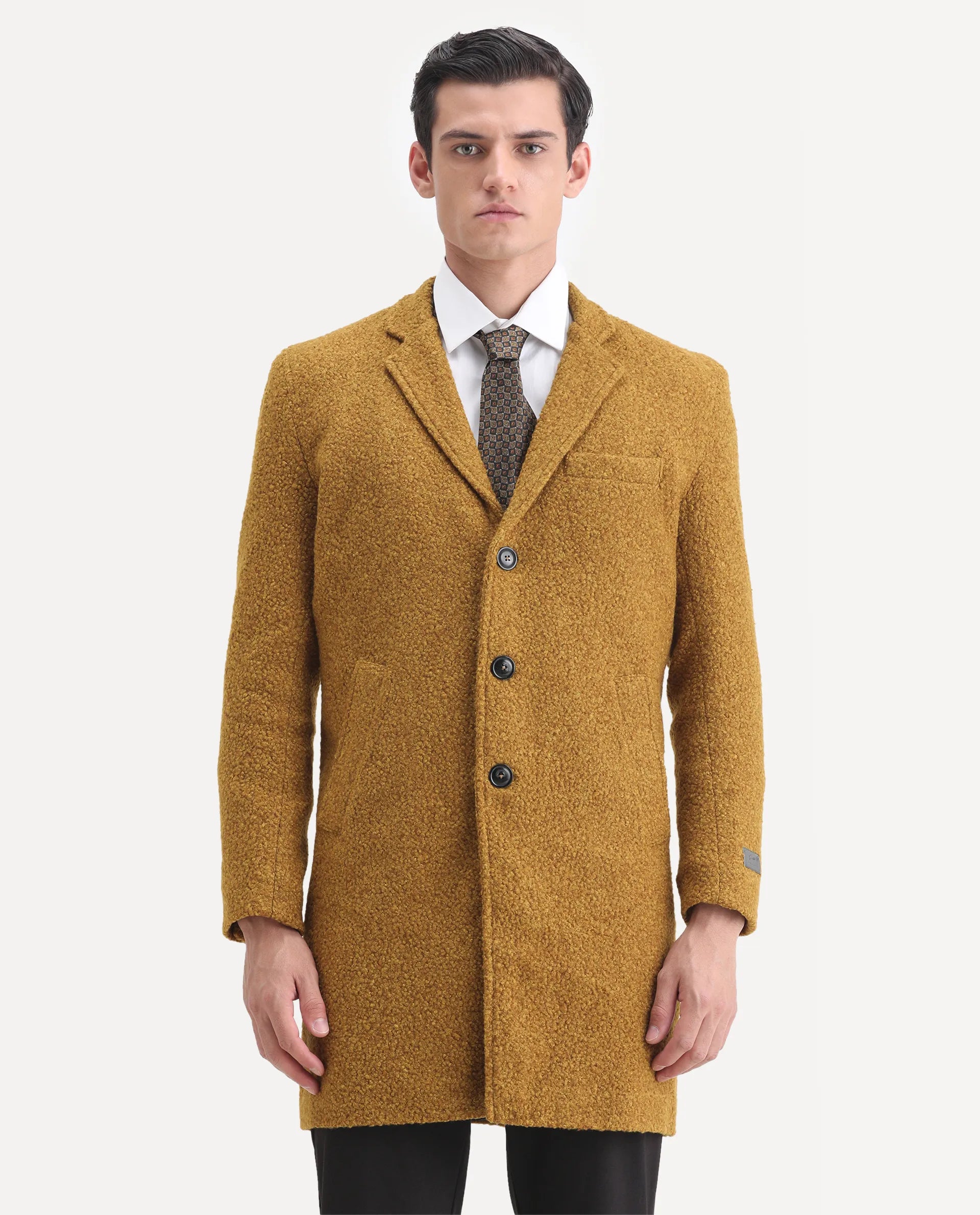 Rare Rabbit Men's Hong Yellow Polyester Textured Tailored Fit Full Sleeve Lapel Neck Jacket