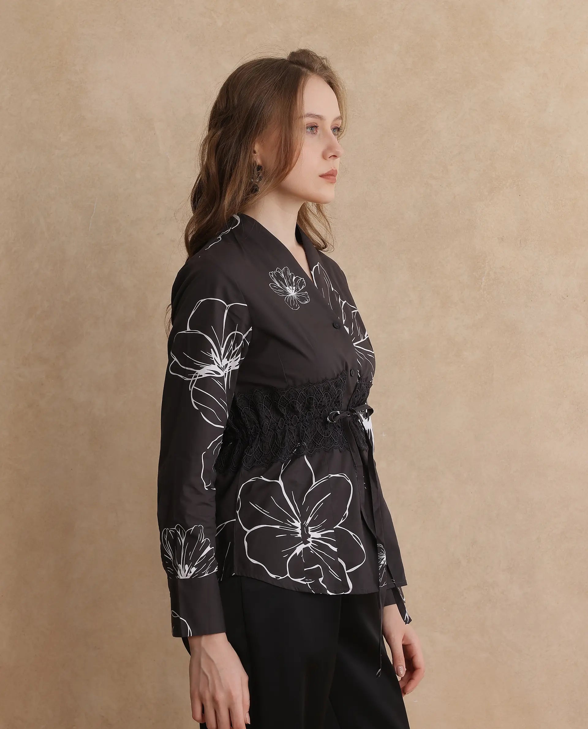 Rareism Women Hoose-SC Brown Cuffed Sleeve V-Neck Button Floral Print Top