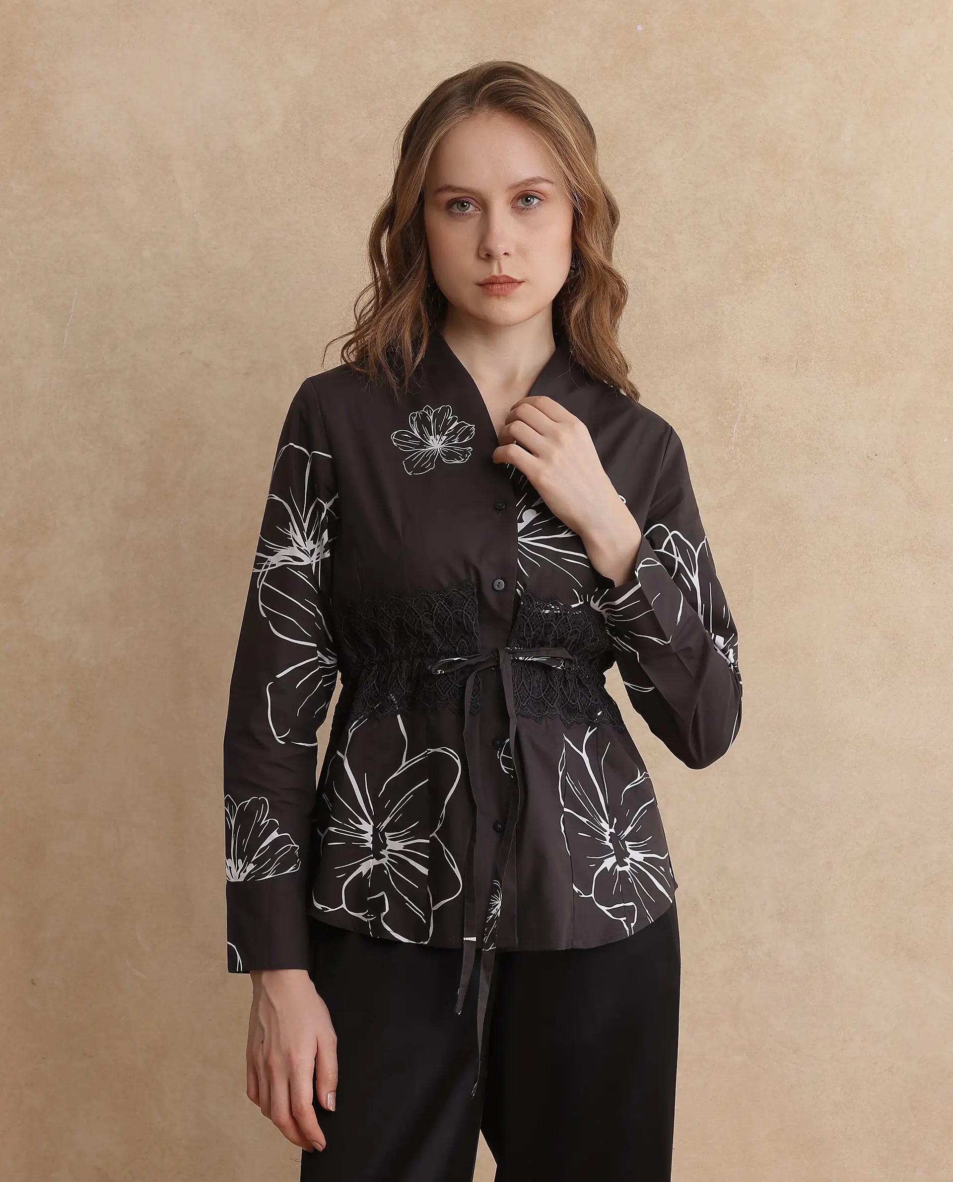 Rareism Women Hoose-SC Brown Cuffed Sleeve V-Neck Button Floral Print Top