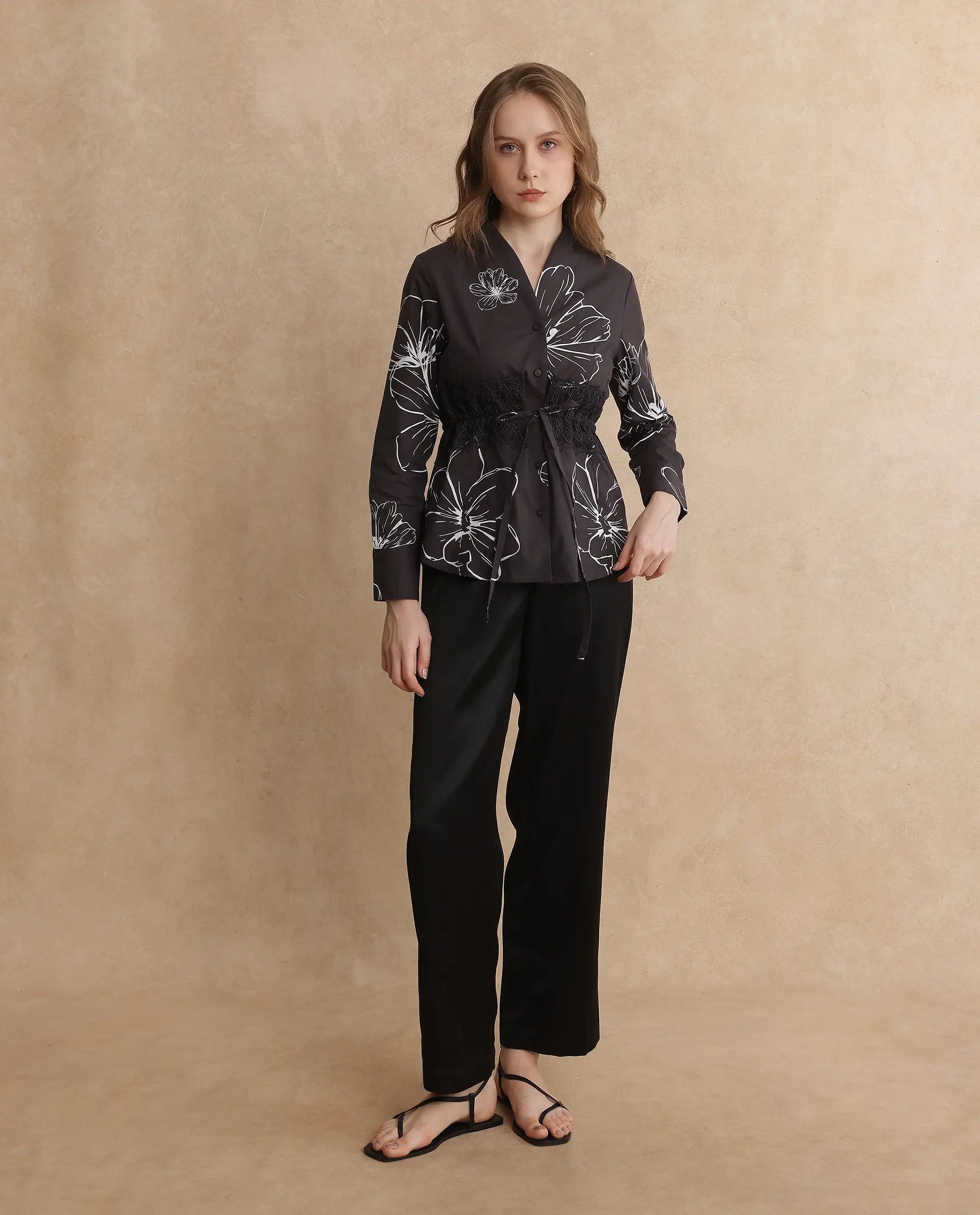 Rareism Women Hoose-SC Brown Cuffed Sleeve V-Neck Button Floral Print Top