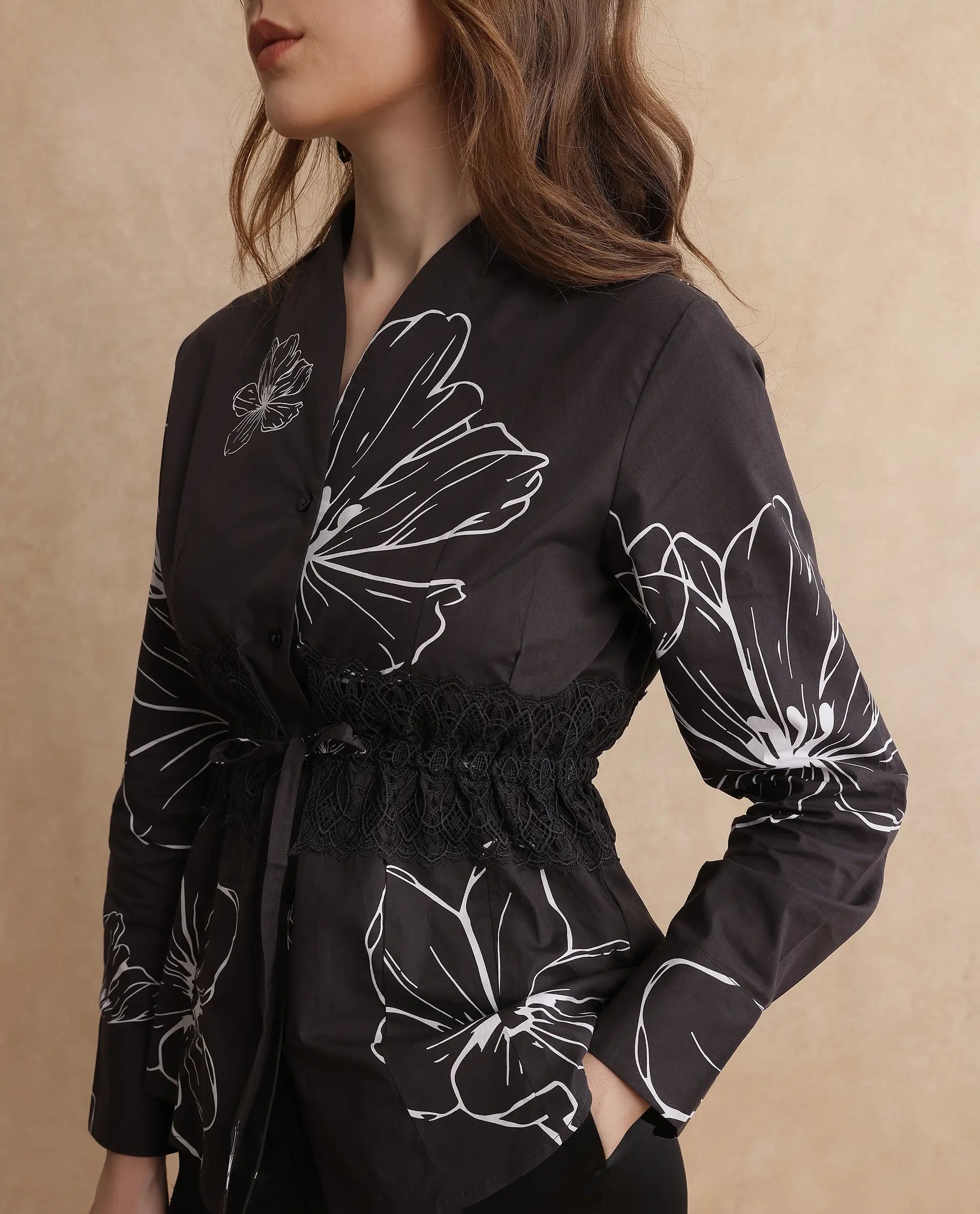 Rareism Women Hoose-SC Brown Cuffed Sleeve V-Neck Button Floral Print Top