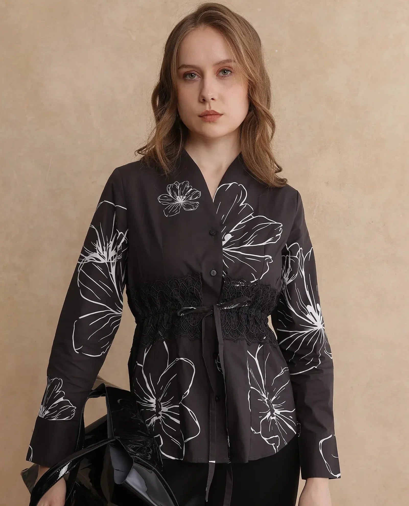 Rareism Women Hoose-SC Brown Cuffed Sleeve V-Neck Button Floral Print Top