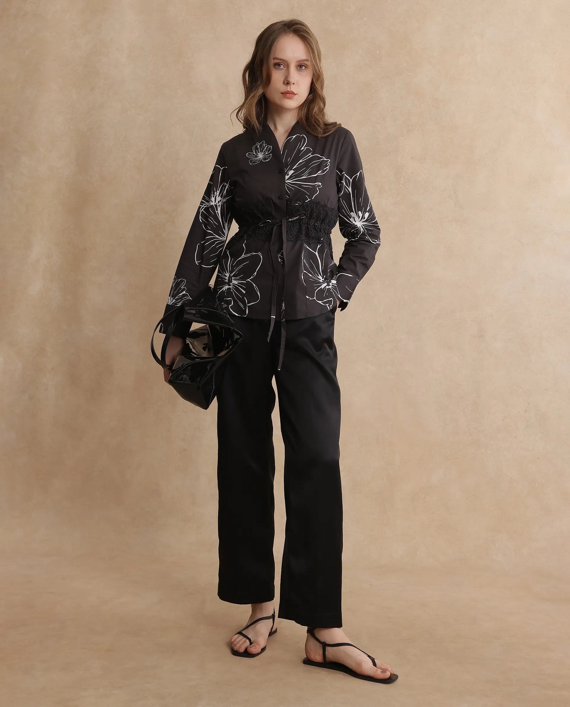 Rareism Women Hoose-SC Brown Cuffed Sleeve V-Neck Button Floral Print Top