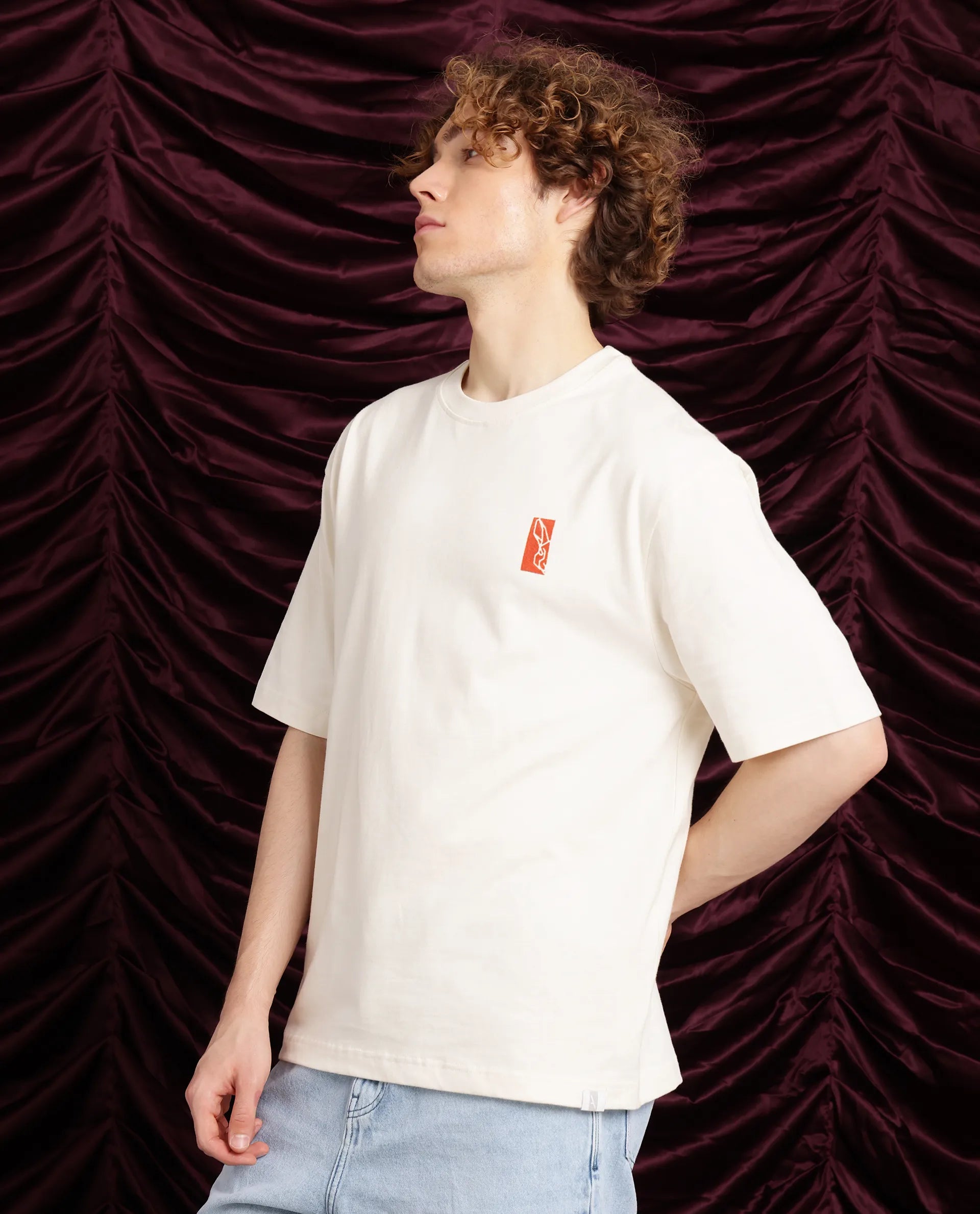 Rare Rabbit Men Hord Off White Cotton Fabric Short Sleeve Crew Neck Oversized Fit Graphic Back Print T-Shirt