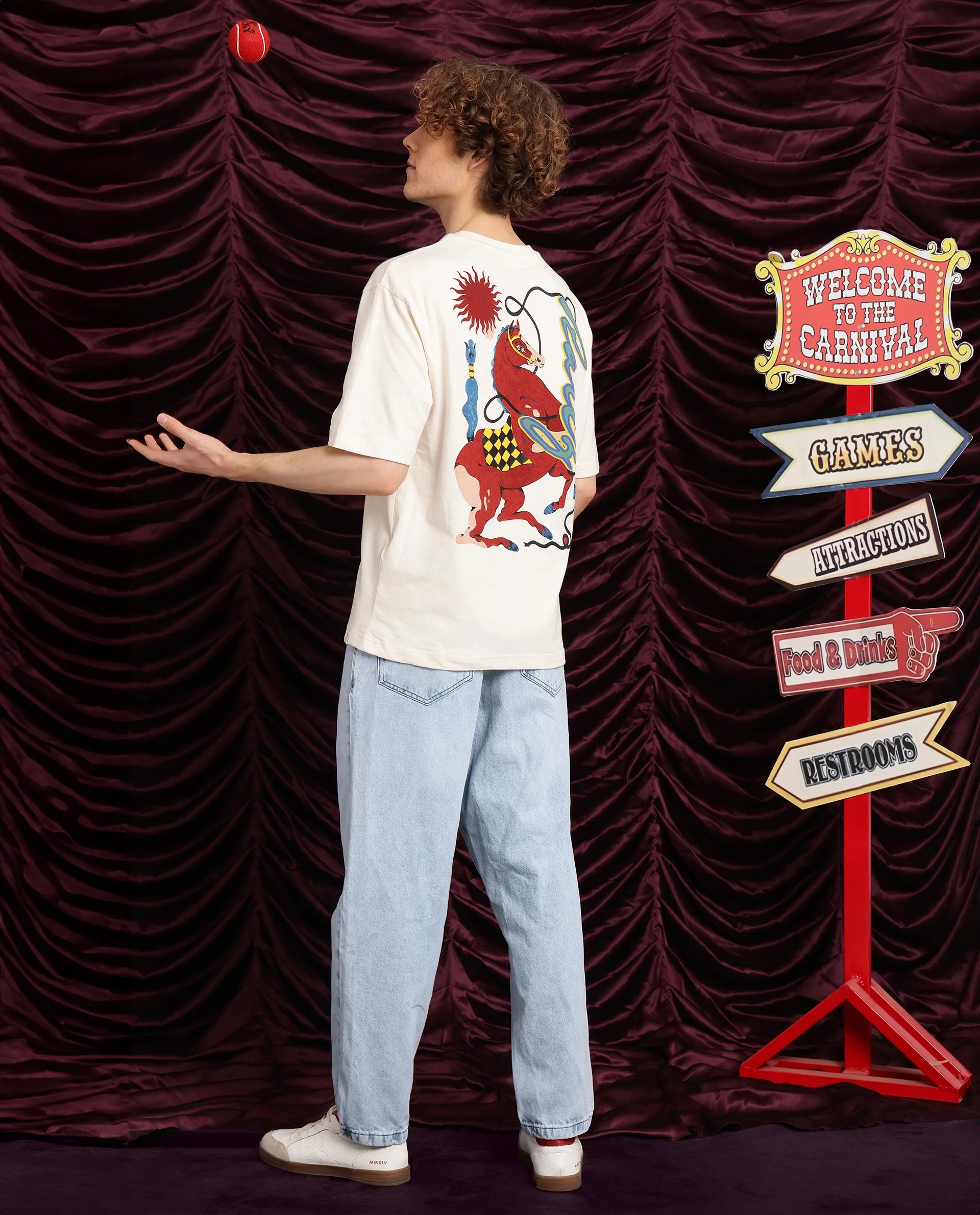 Rare Rabbit Men Hord Off White Cotton Fabric Short Sleeve Crew Neck Oversized Fit Graphic Back Print T-Shirt