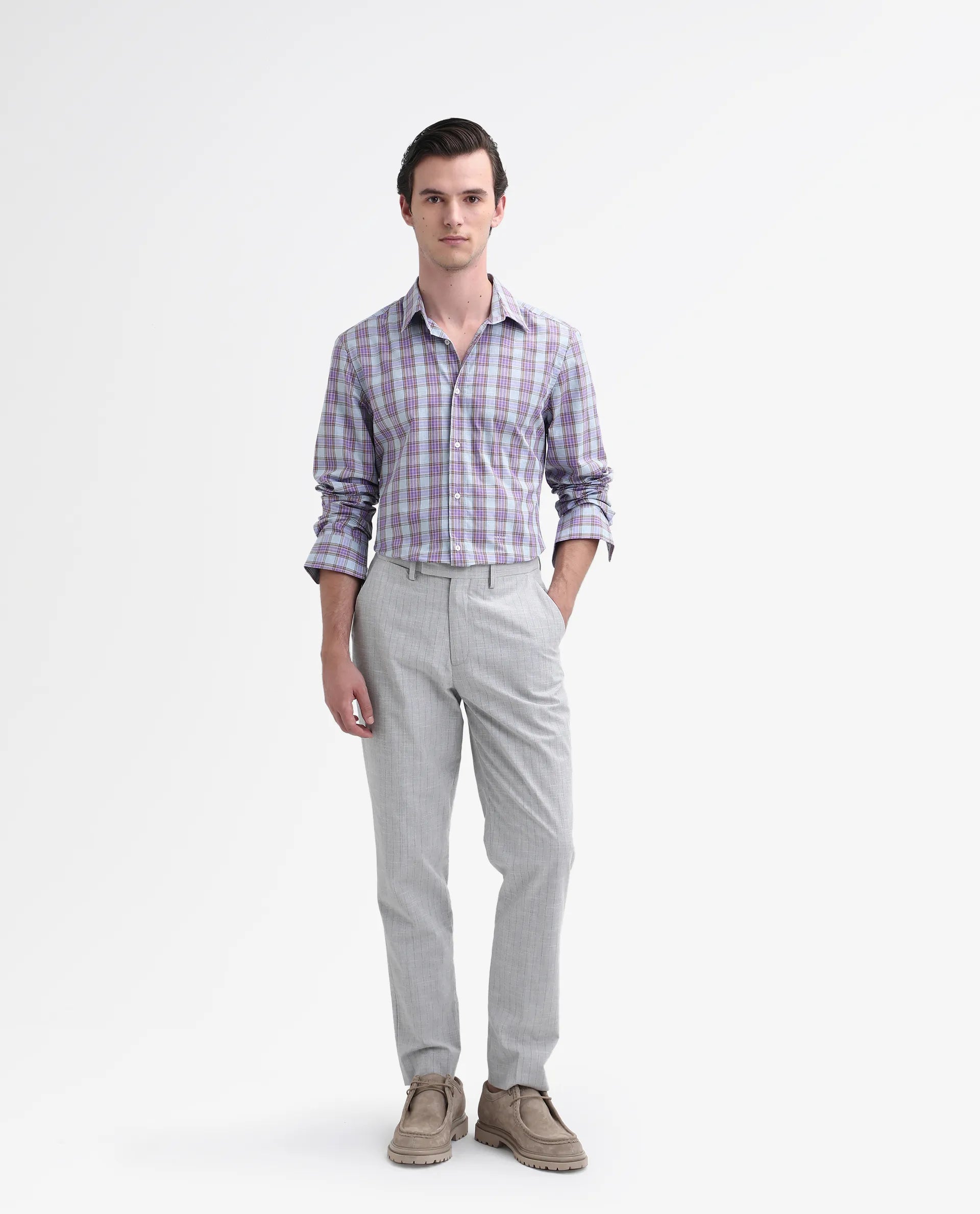 Rare Rabbit Men's Horf-25 Pastel Purple Cotton Checked Print Regular Fit Full Sleeve Collared Shirt