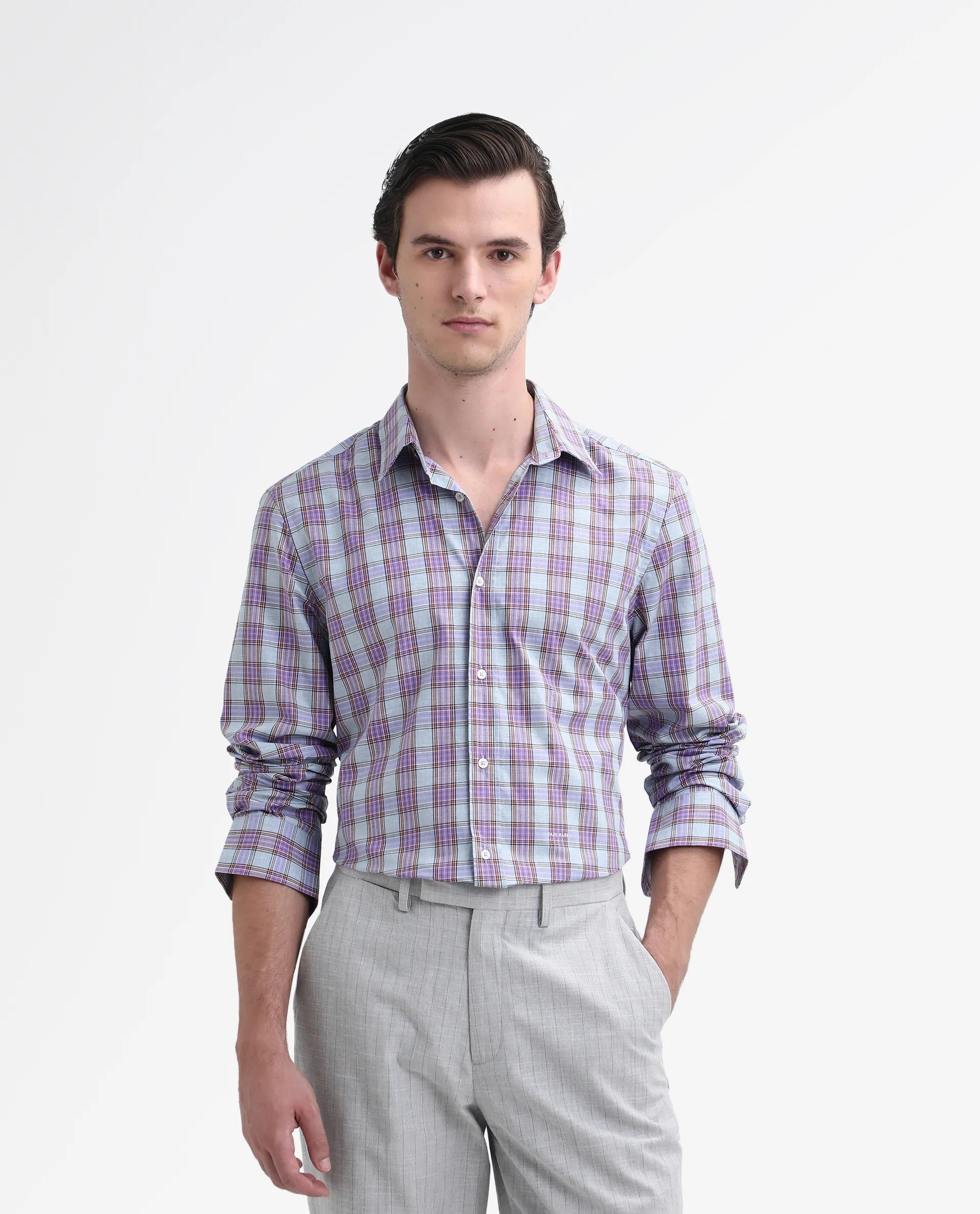 Rare Rabbit Men's Horf-25 Pastel Purple Cotton Checked Print Regular Fit Full Sleeve Collared Shirt