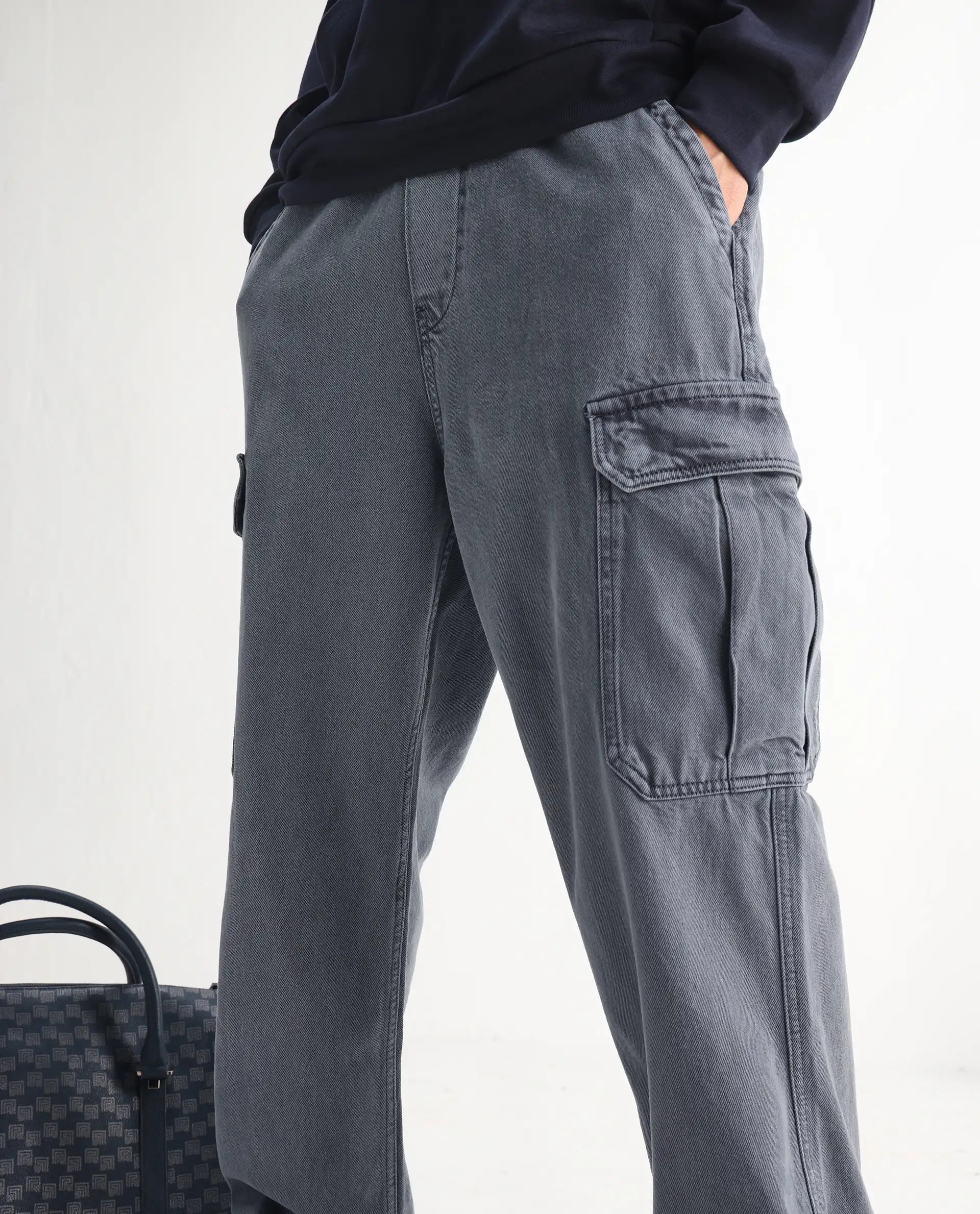 Rare Rabbit Men's Hork Blue Cotton Plain Baggy Fit Jeans