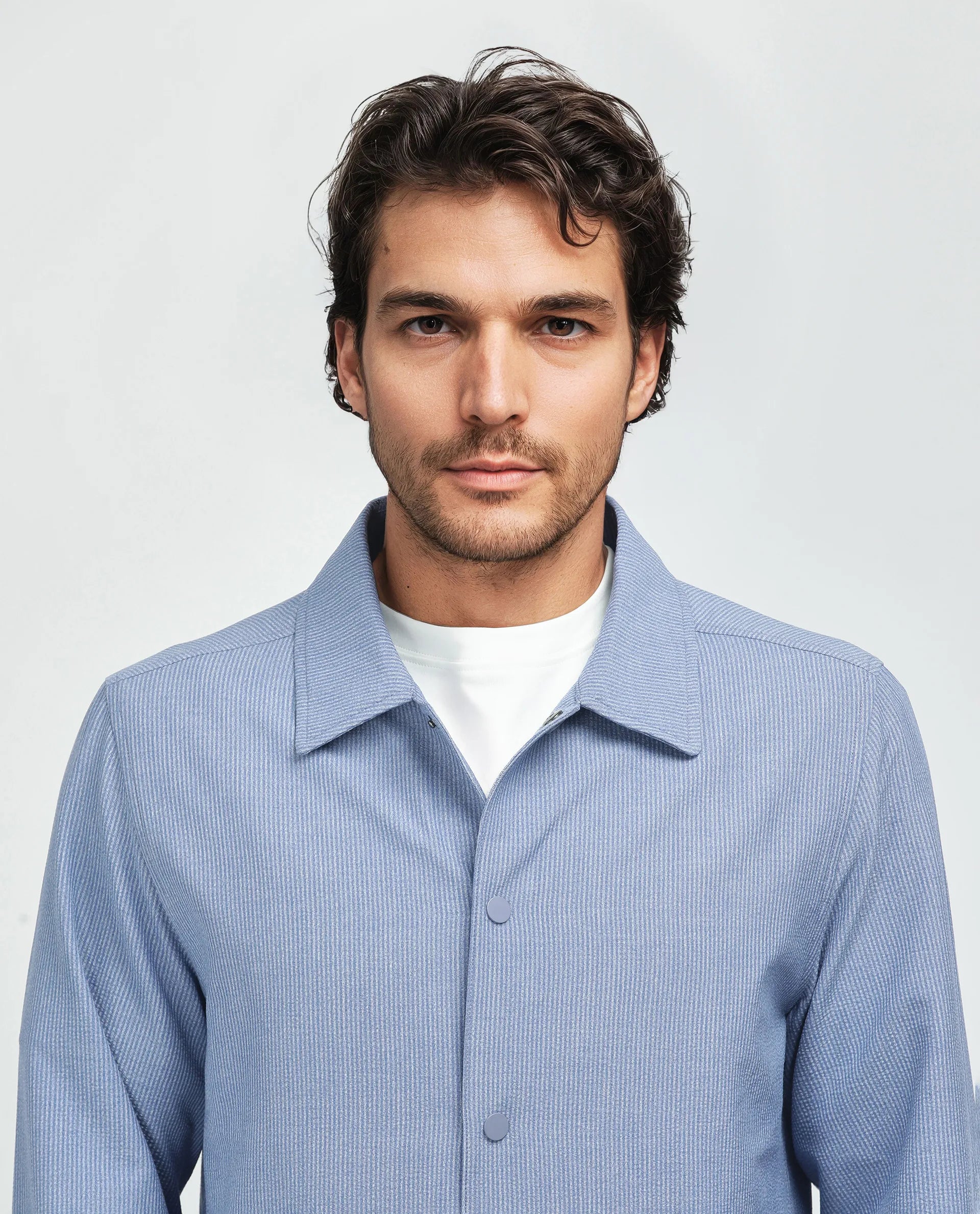 Rare Rabbit Men Horns Blue Polyester Viscose Fabric Full Sleeves Spread Collar Button Closure Striped Shaket