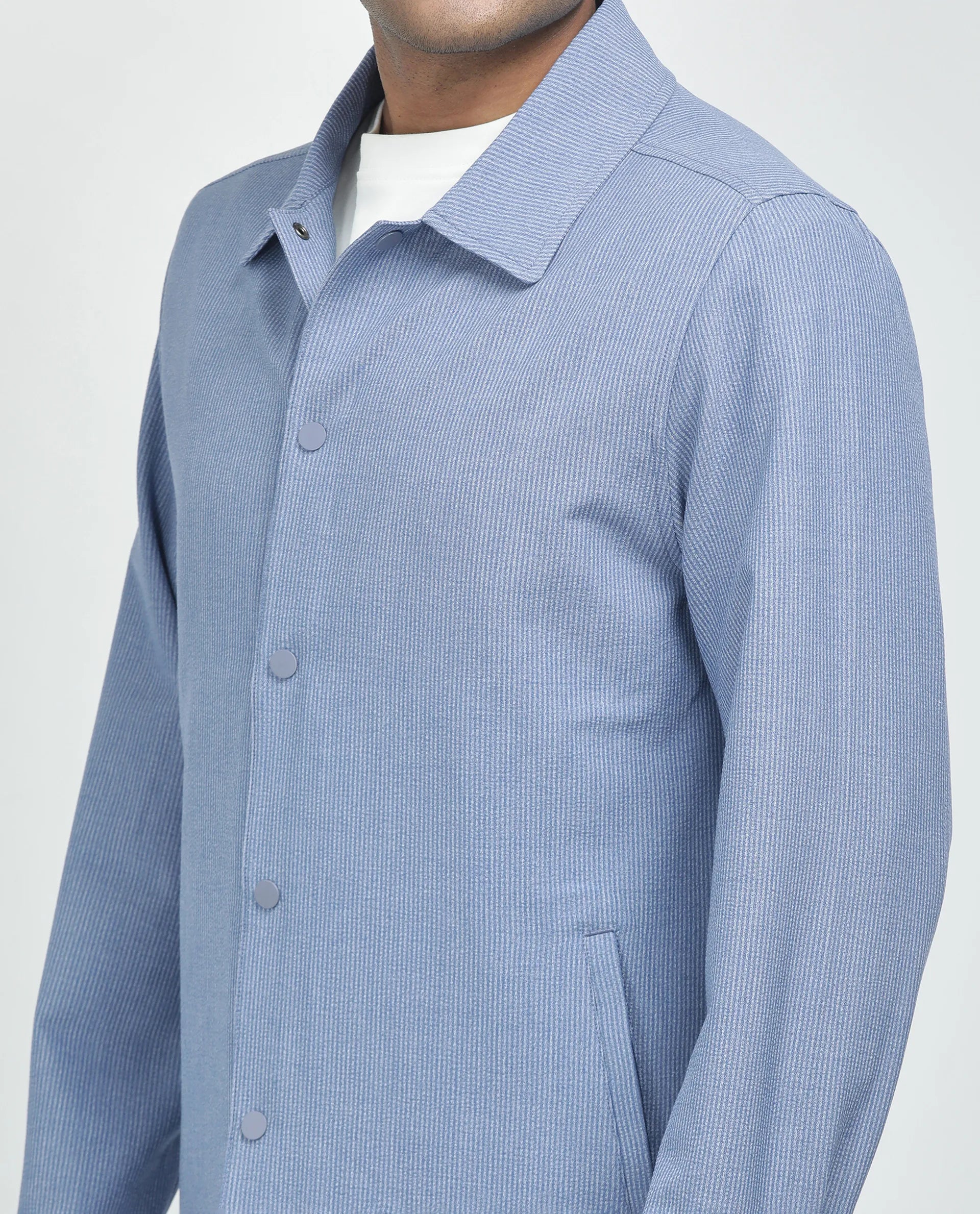 Rare Rabbit Men Horns Blue Polyester Viscose Fabric Full Sleeves Spread Collar Button Closure Striped Shaket