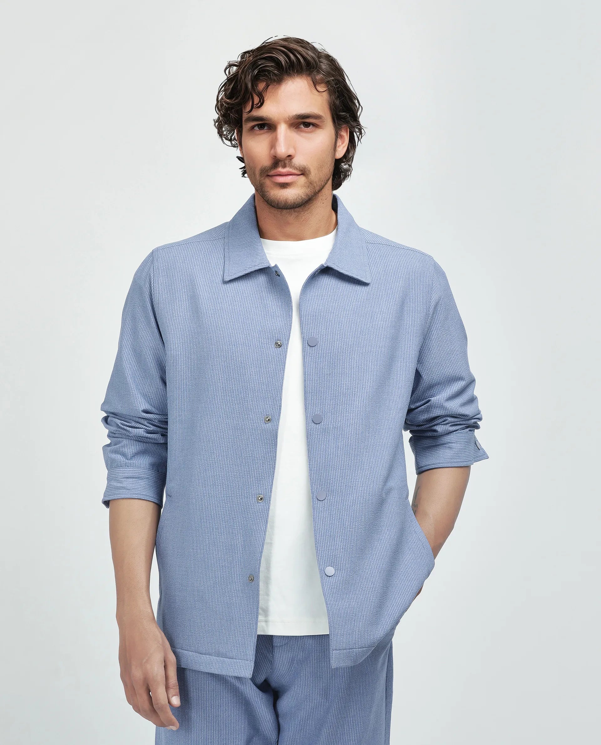 Rare Rabbit Men Horns Blue Polyester Viscose Fabric Full Sleeves Spread Collar Button Closure Striped Shaket