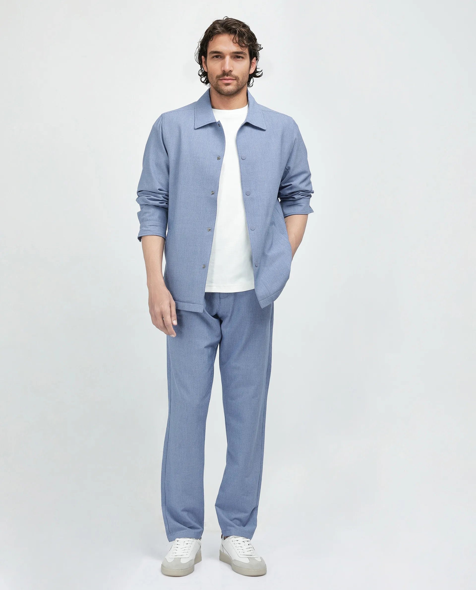 Rare Rabbit Men Horns Blue Polyester Viscose Fabric Full Sleeves Spread Collar Button Closure Striped Shaket