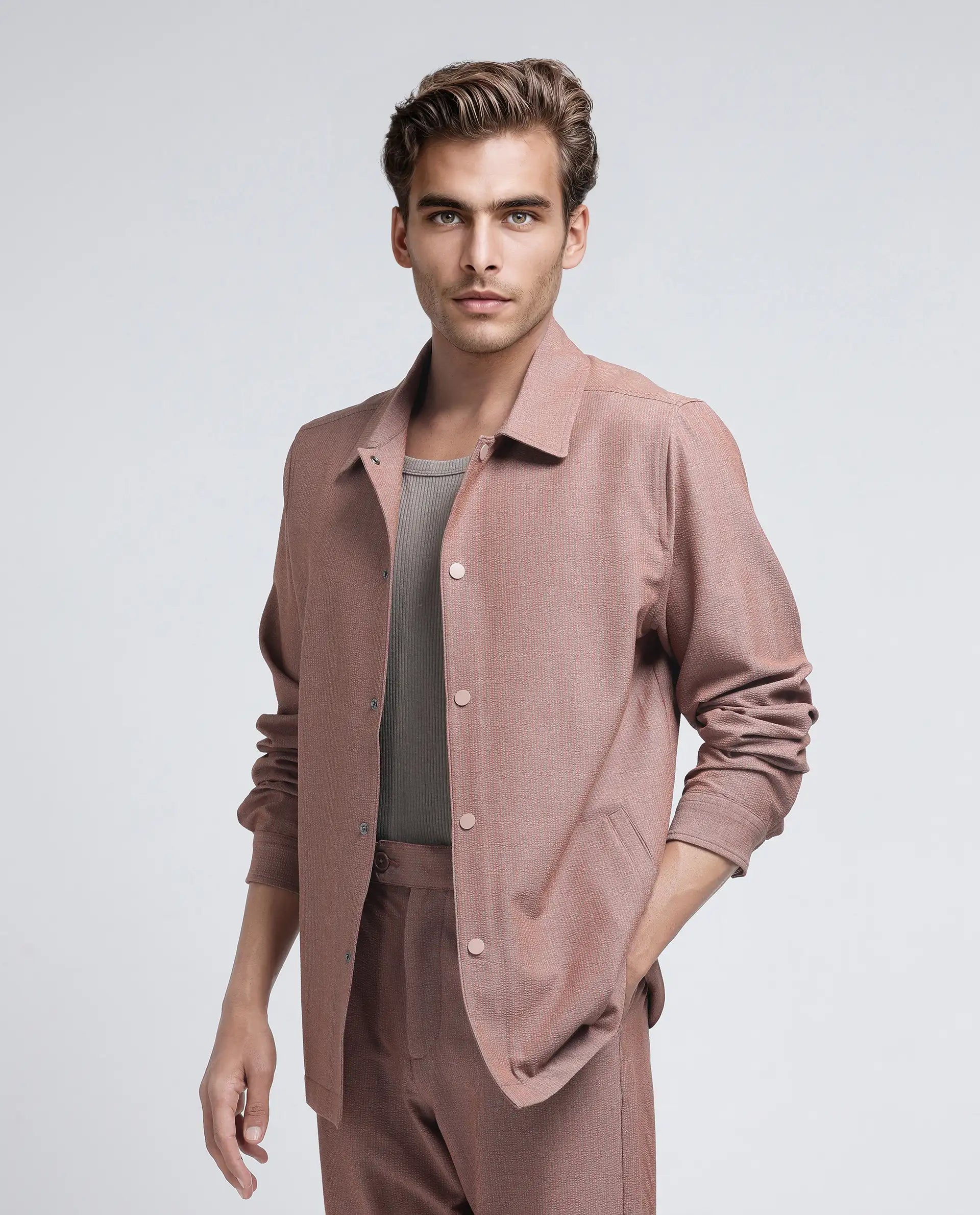 Rare Rabbit Men Horns Rust Polyester Viscose Fabric Full Sleeves Mandarin Collar Button Closure Striped Shaket