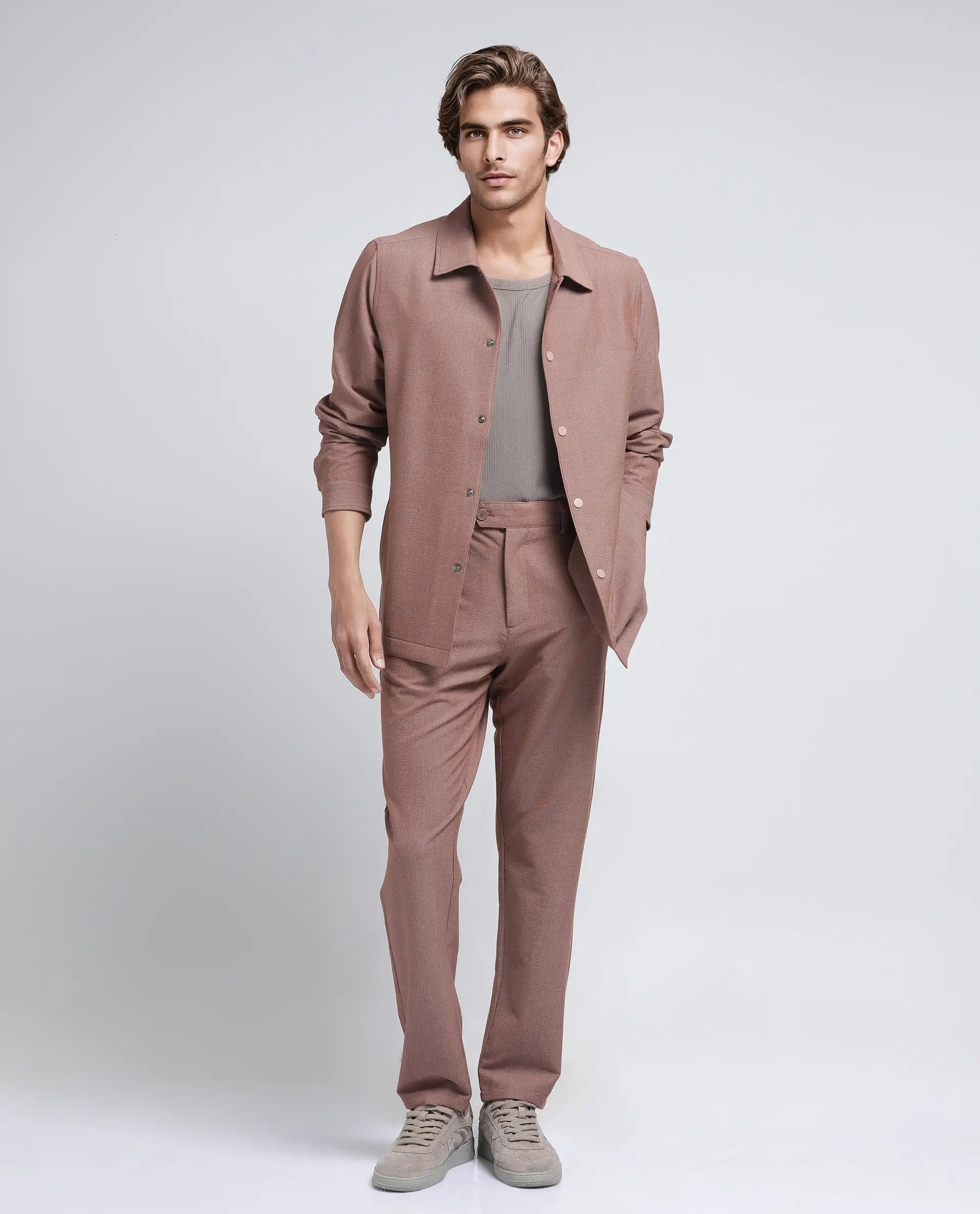 Rare Rabbit Men Horns Rust Polyester Viscose Fabric Full Sleeves Mandarin Collar Button Closure Striped Shaket