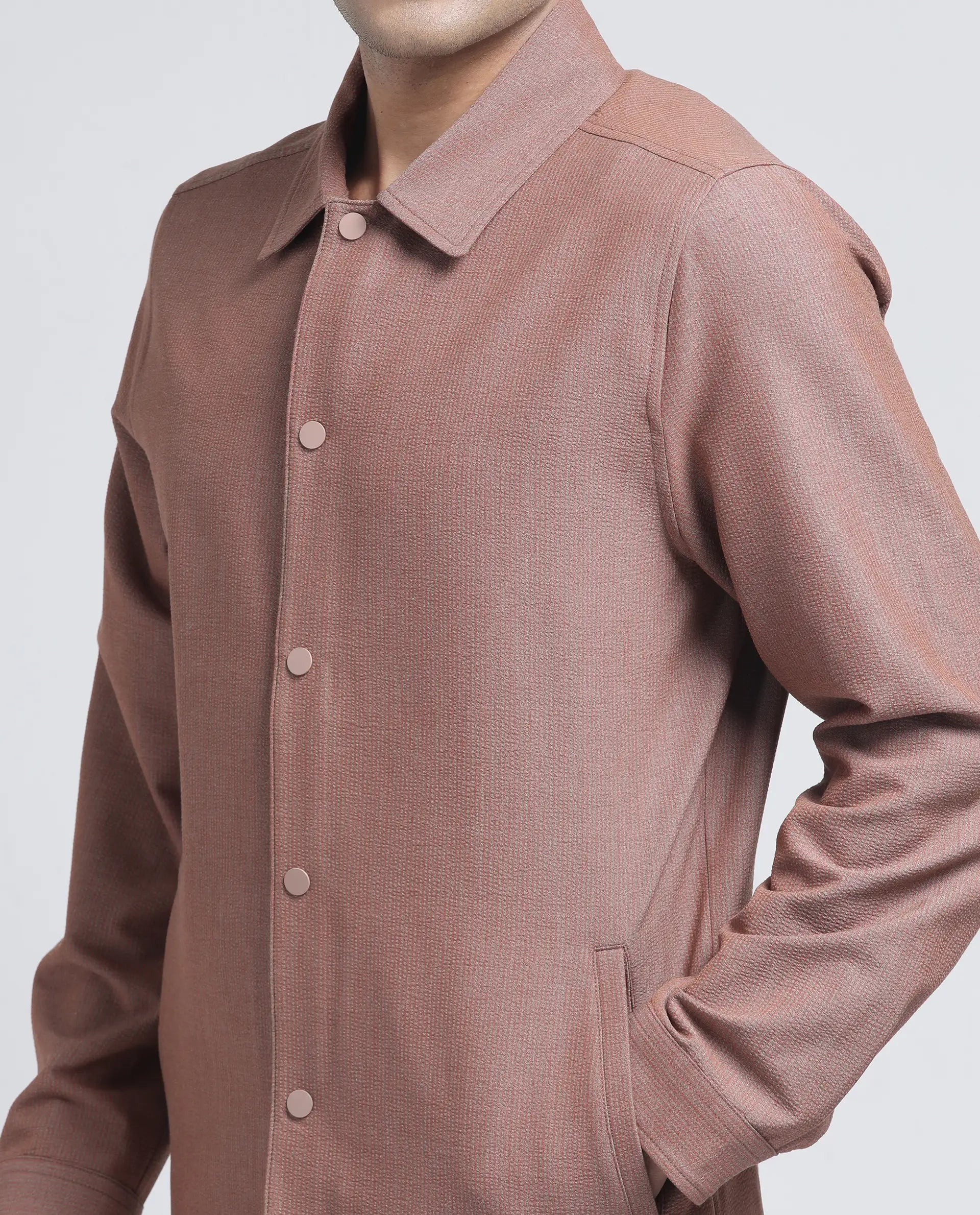 Rare Rabbit Men Horns Rust Polyester Viscose Fabric Full Sleeves Mandarin Collar Button Closure Striped Shaket